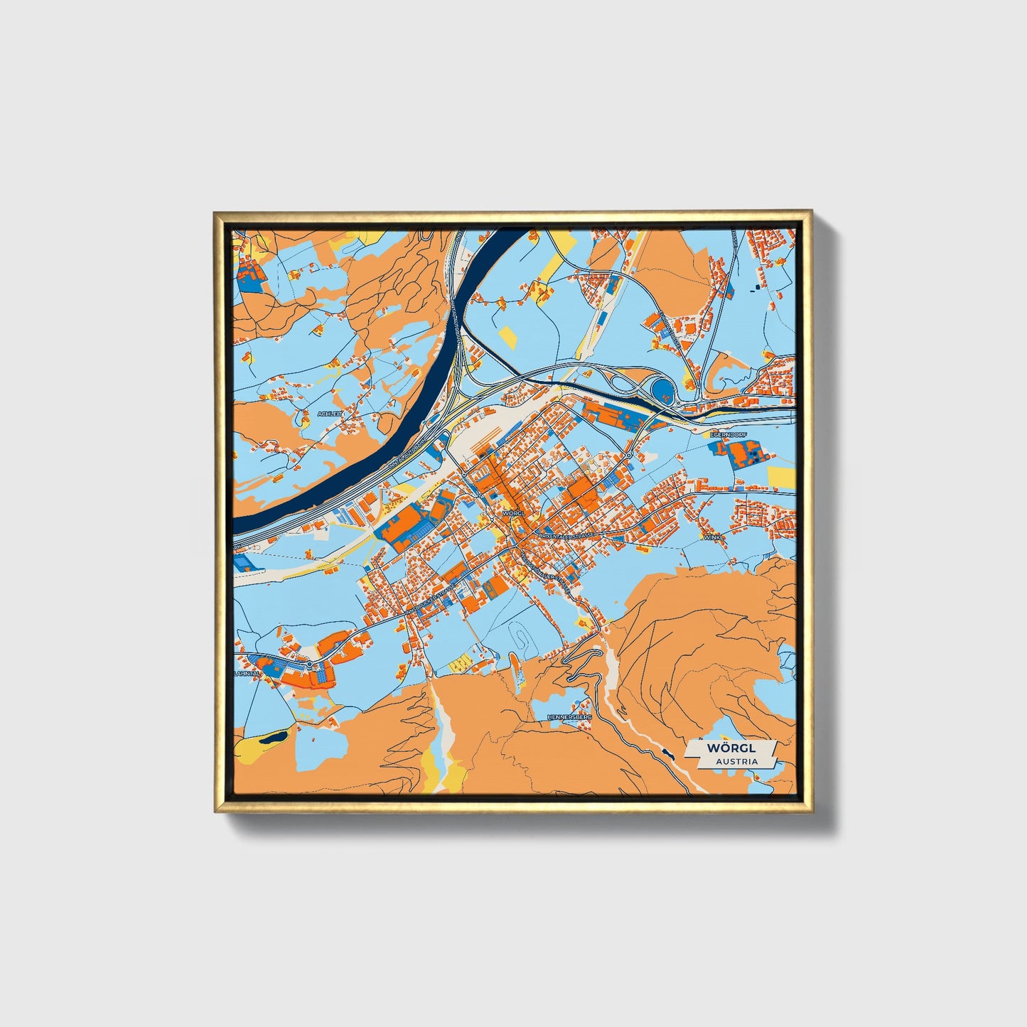 Wörgl Austria Colorful City Map Canvas Print • Gold Framed