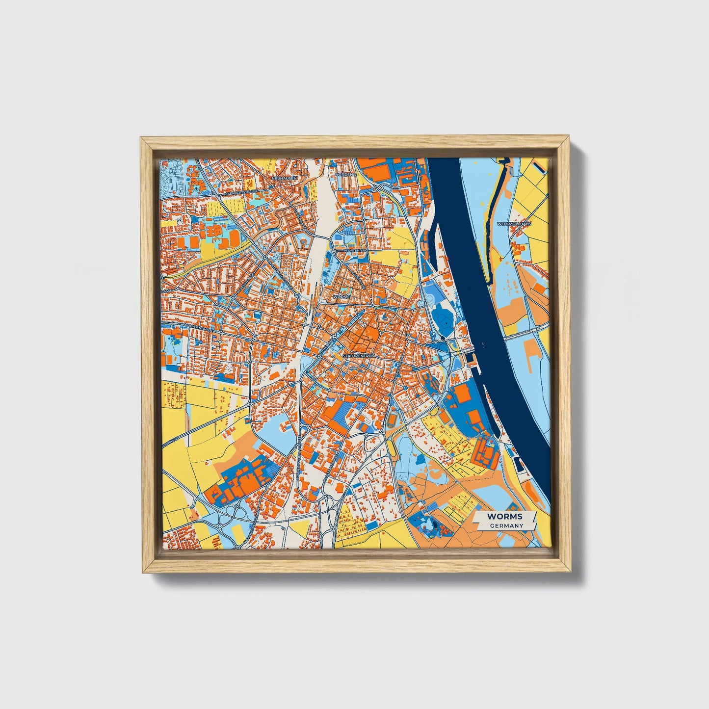 Worms Germany Colorful City Map Canvas Print • Natural Wooden Framed