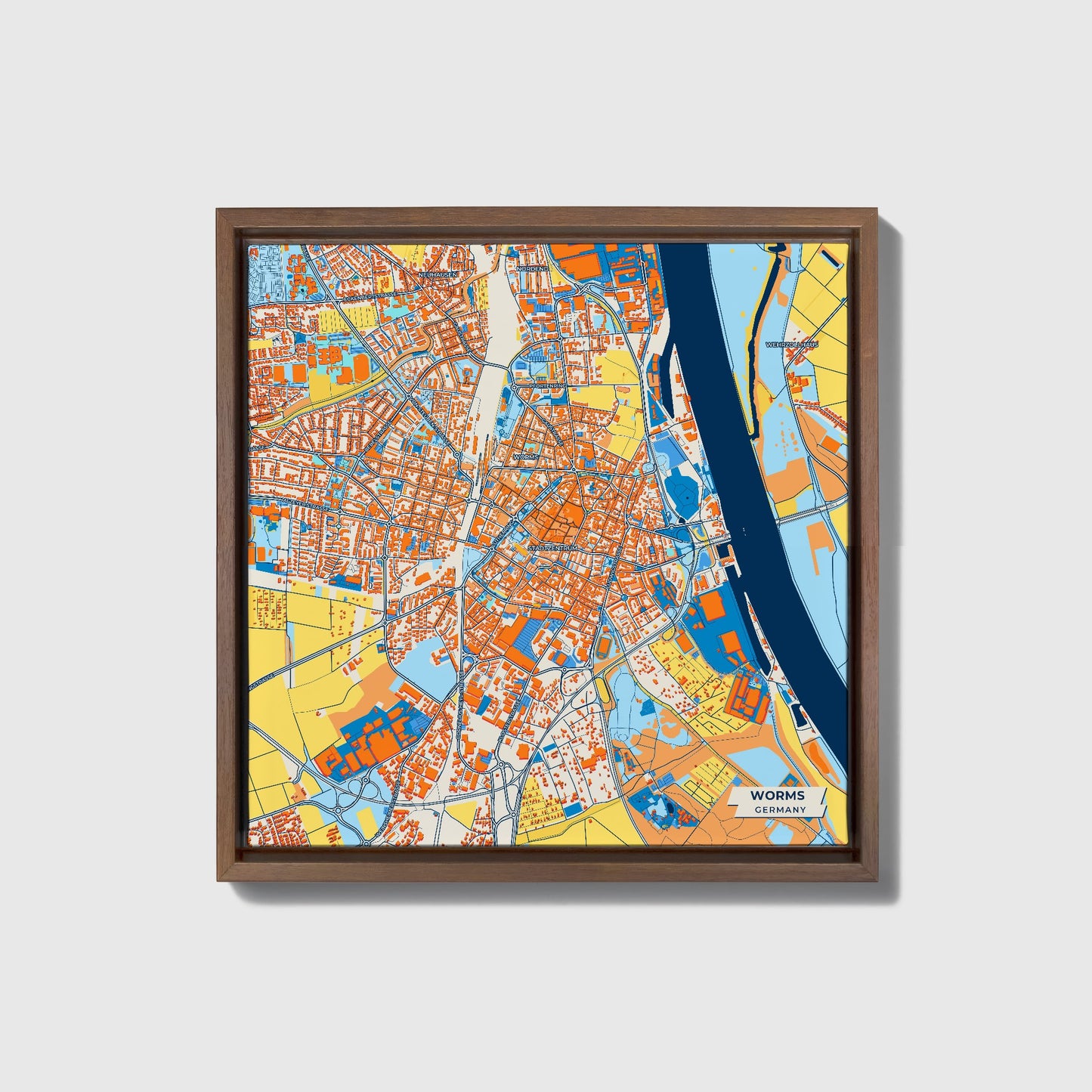 Worms Germany Colorful City Map Canvas Print • Dark Wooden Framed