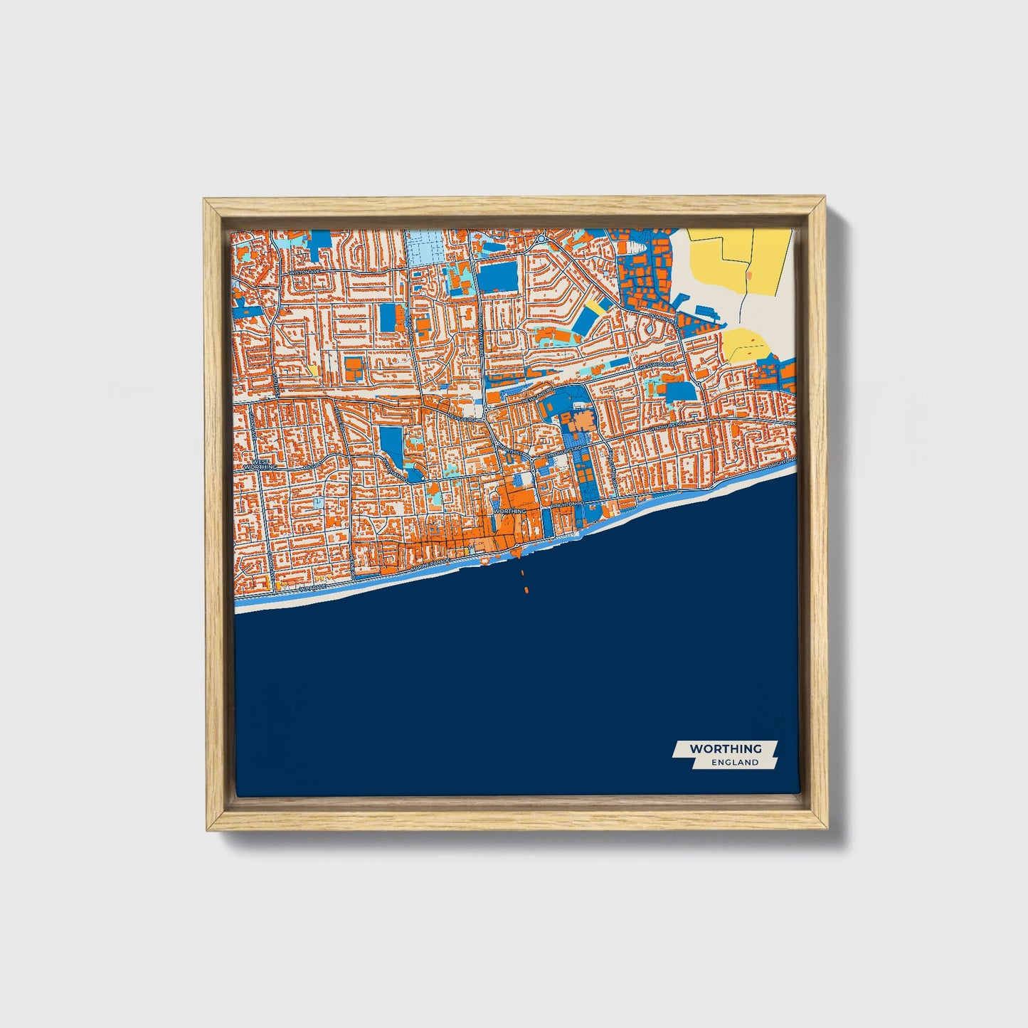 Worthing England Colorful City Map Canvas Print • Natural Wooden Framed