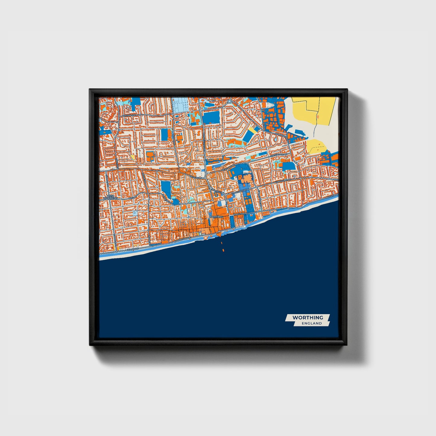 Worthing England Colorful City Map Canvas Print • Black Framed