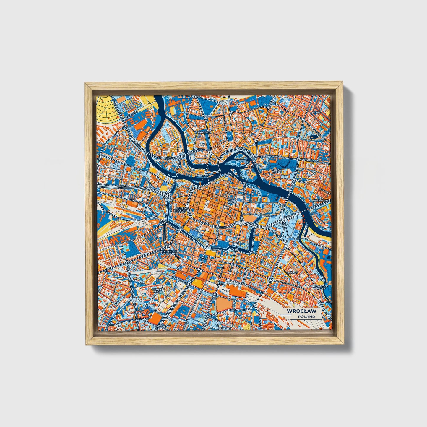 Wrocław Poland Colorful City Map Canvas Print • Natural Wooden Framed