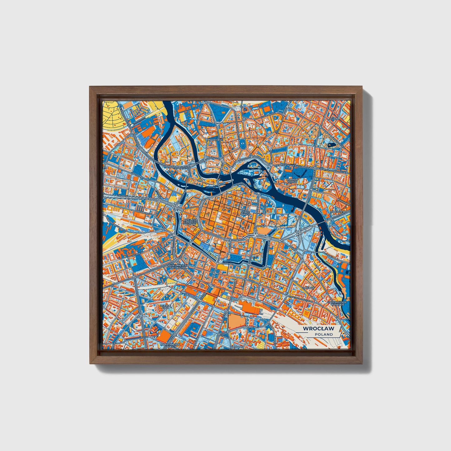 Wrocław Poland Colorful City Map Canvas Print • Dark Wooden Framed