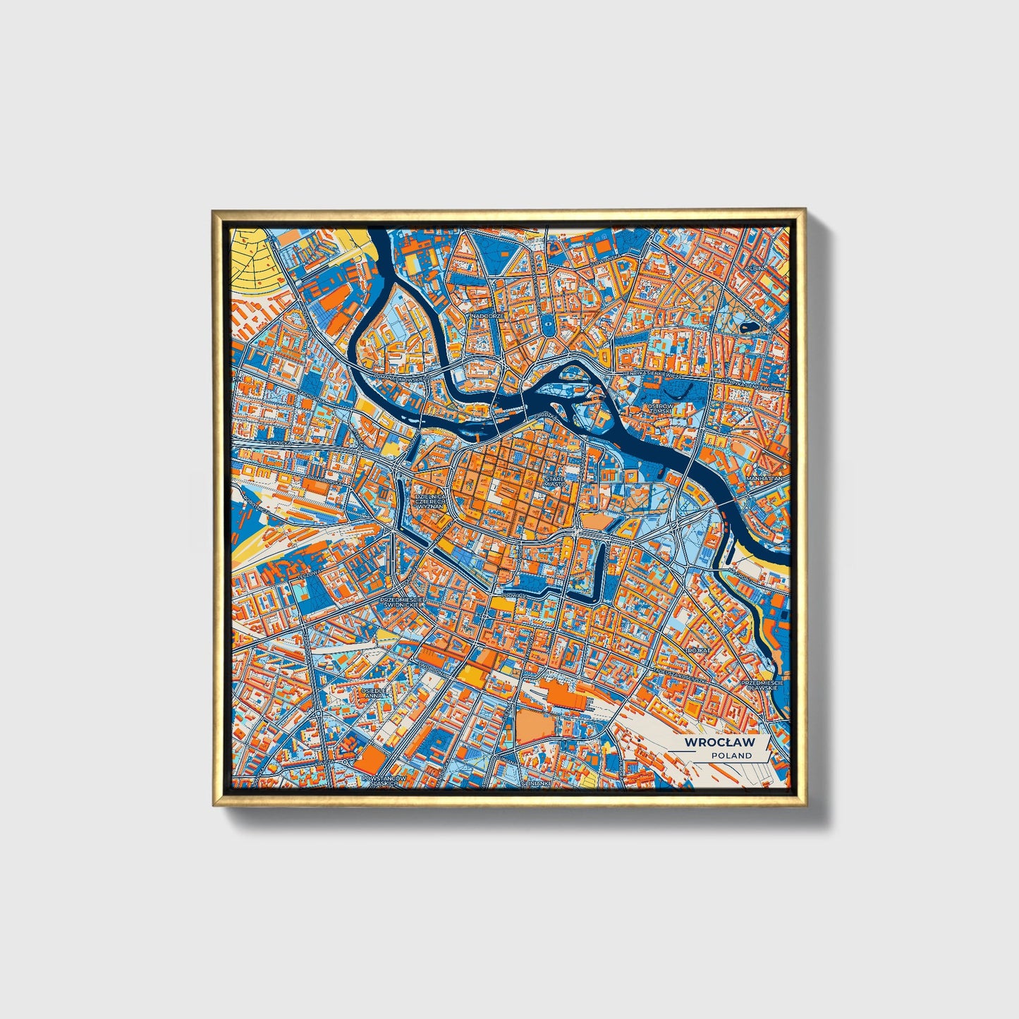 Wrocław Poland Colorful City Map Canvas Print • Gold Framed