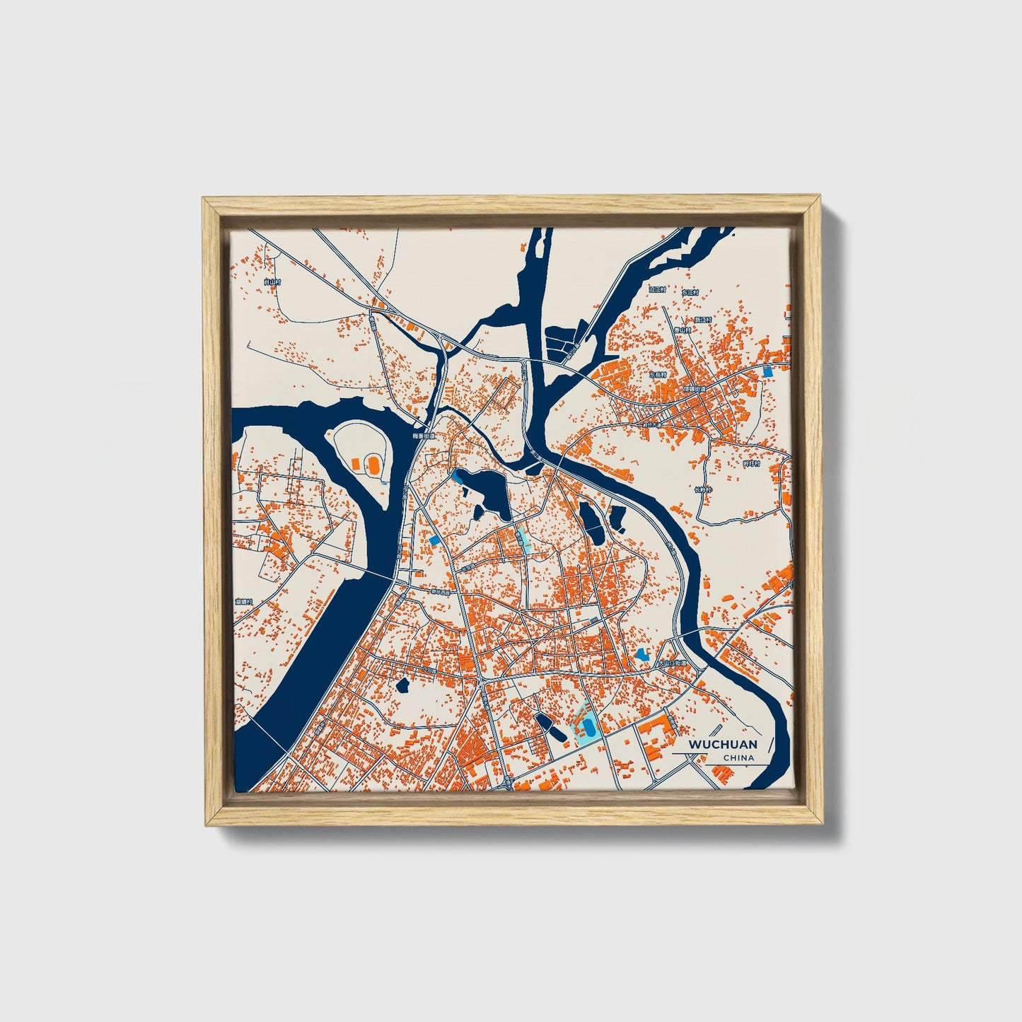 Wuchuan China Colorful City Map Canvas Print • Natural Wooden Framed