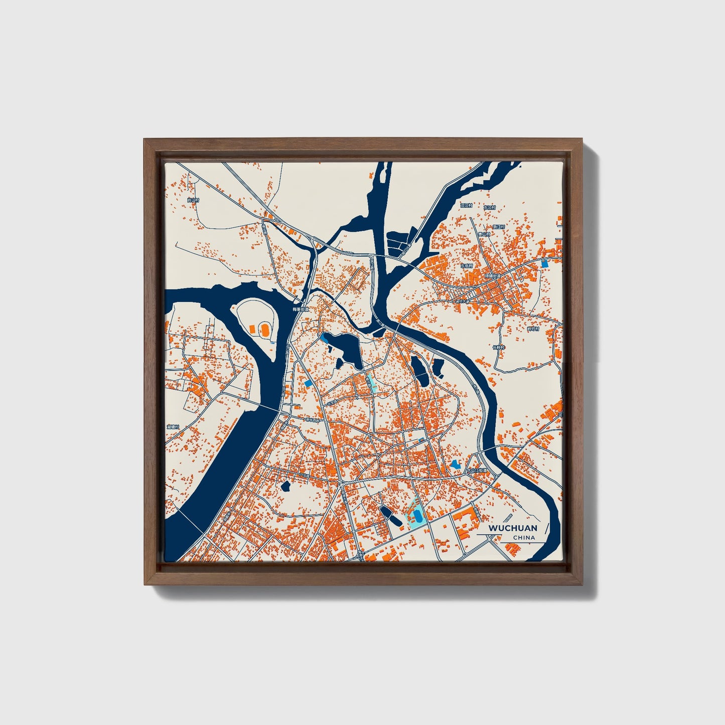 Wuchuan China Colorful City Map Canvas Print • Dark Wooden Framed