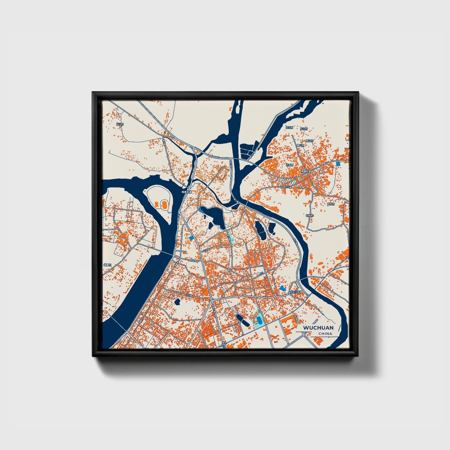 Wuchuan China Colorful City Map Canvas Print • Black Framed