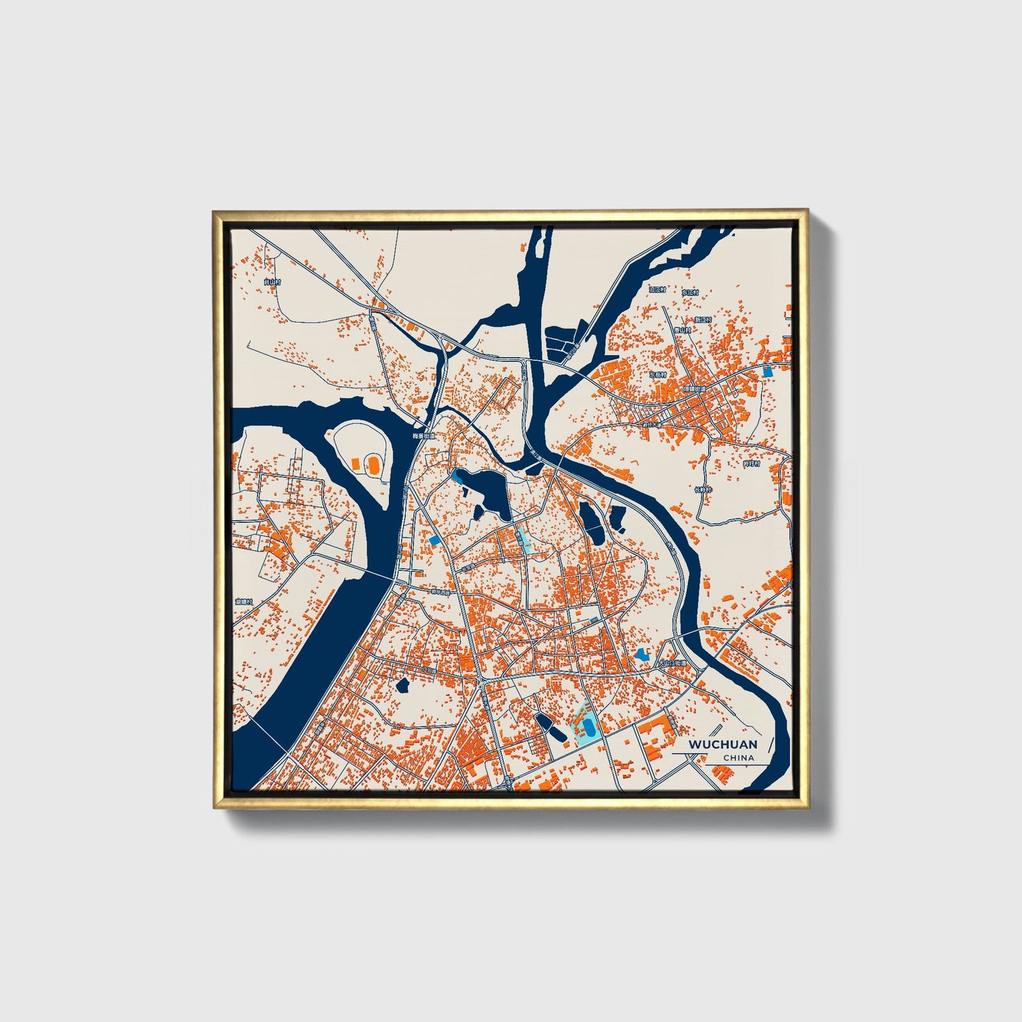 Wuchuan China Colorful City Map Canvas Print • Gold Framed