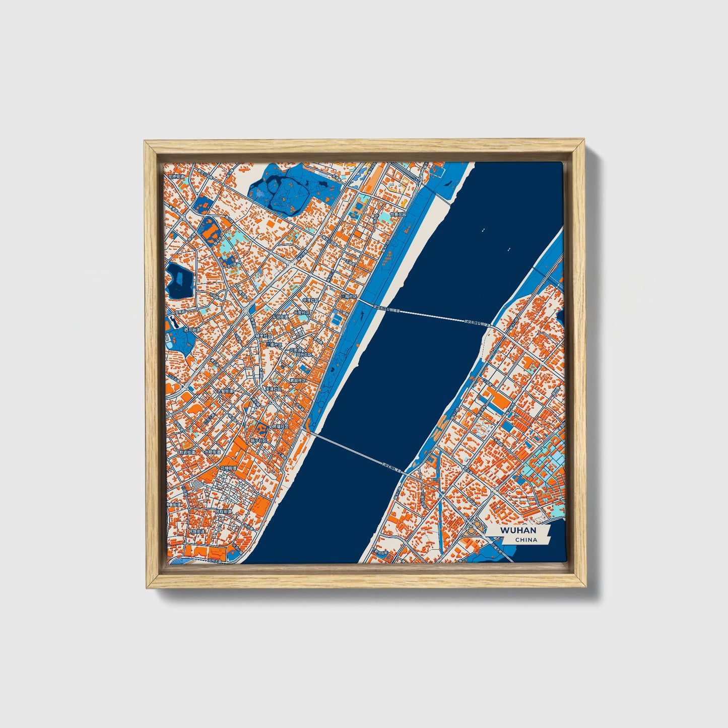 Wuhan China Colorful City Map Canvas Print • Natural Wooden Framed