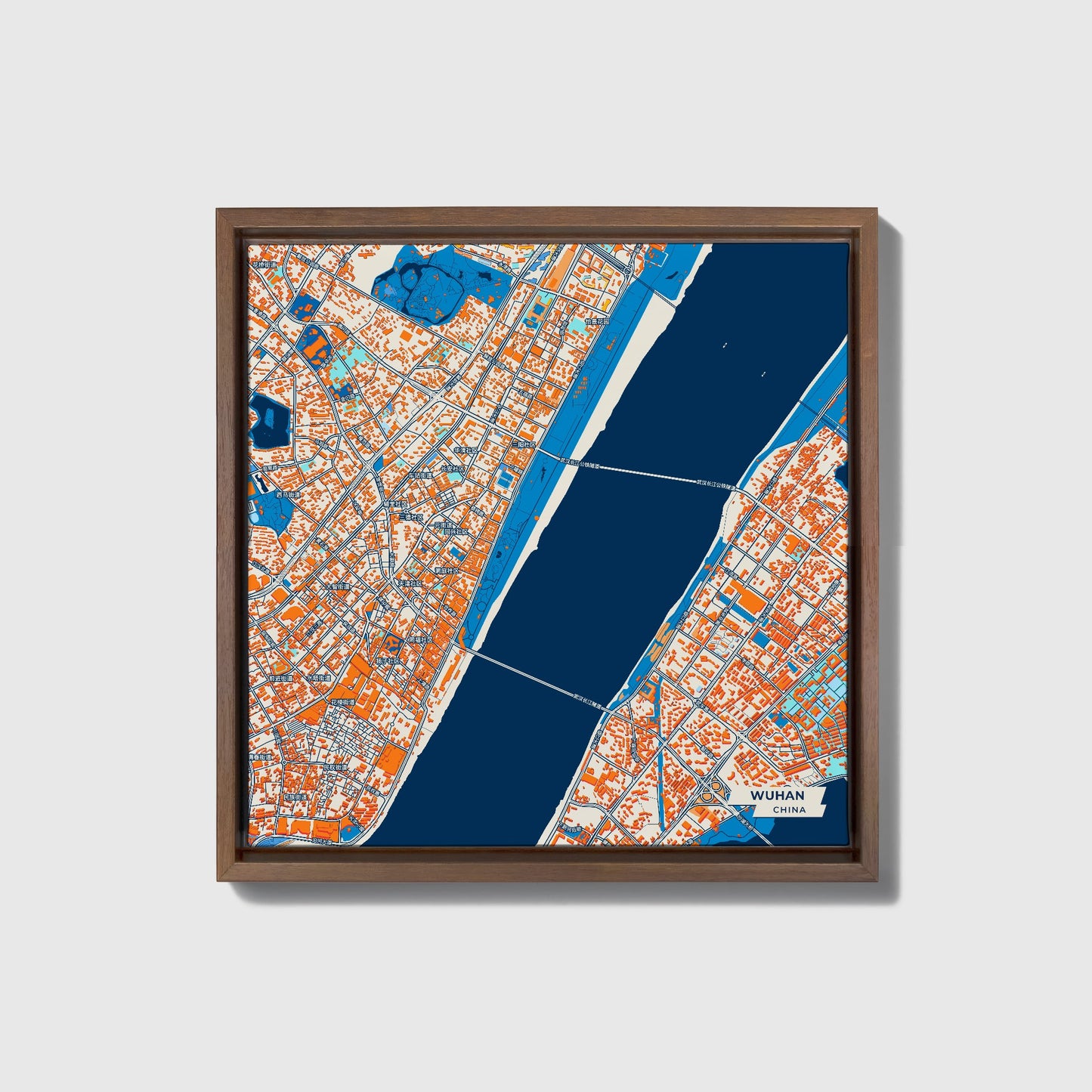 Wuhan China Colorful City Map Canvas Print • Dark Wooden Framed
