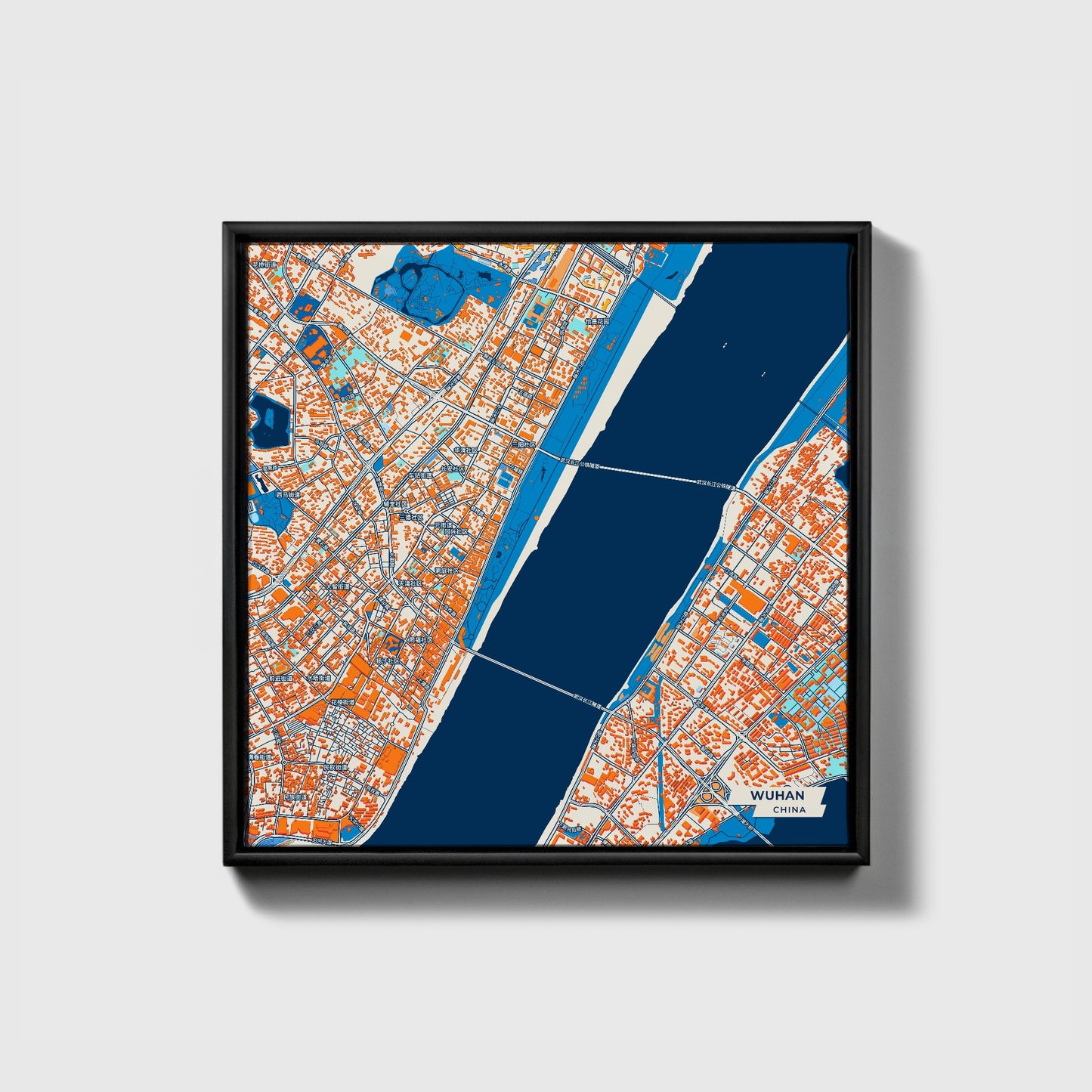 Wuhan China Colorful City Map Canvas Print • Black Framed