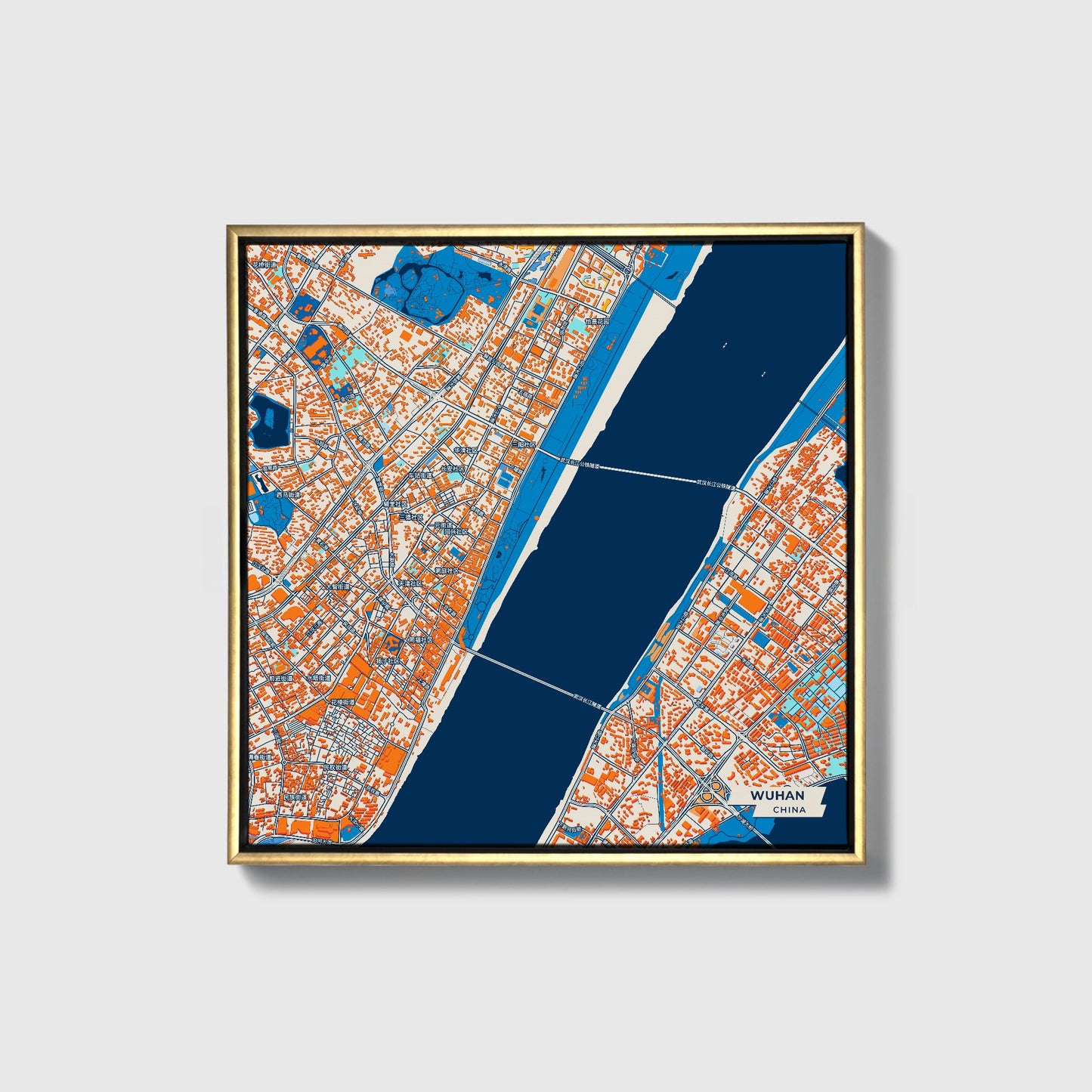 Wuhan China Colorful City Map Canvas Print • Gold Framed