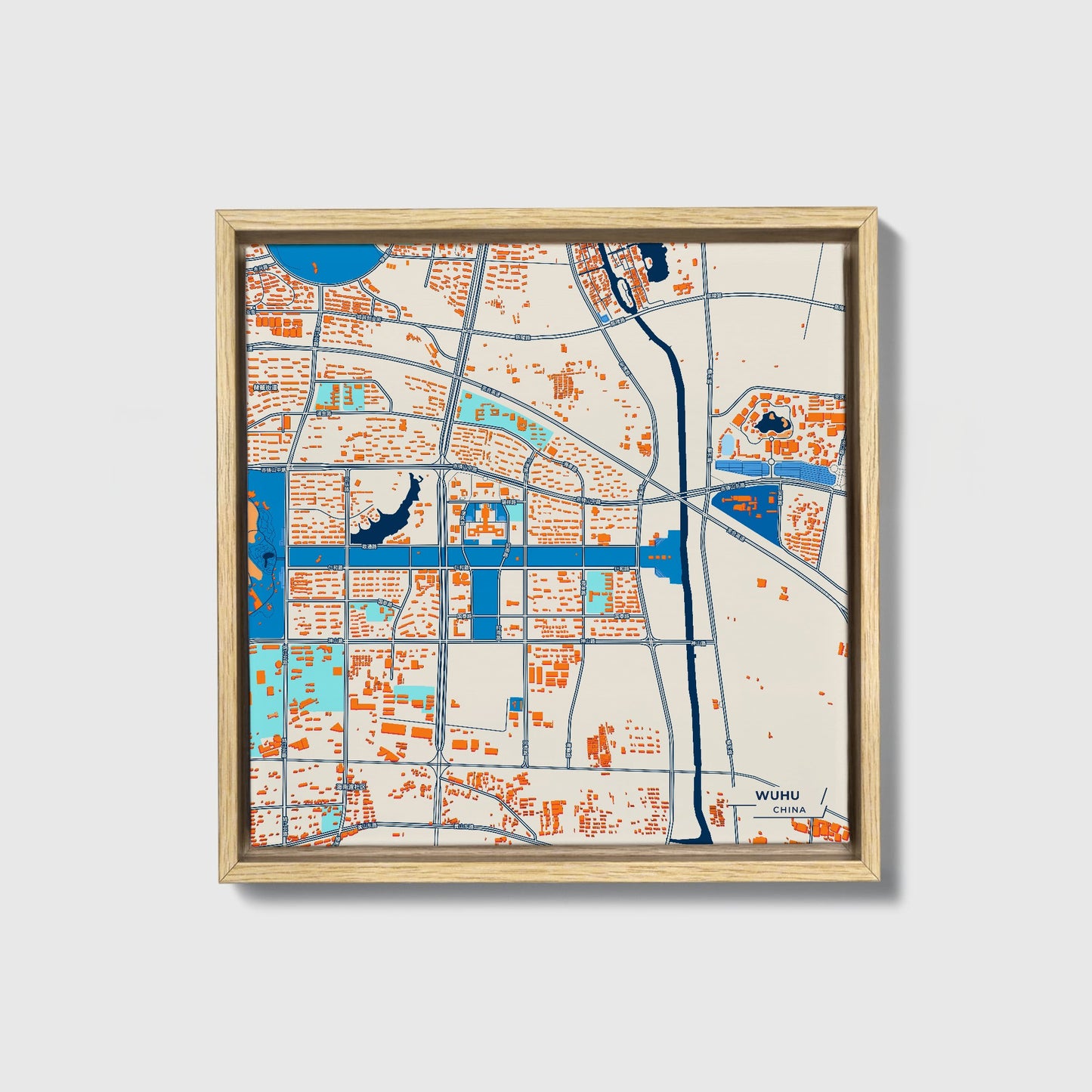 Wuhu China Colorful City Map Canvas Print • Natural Wooden Framed