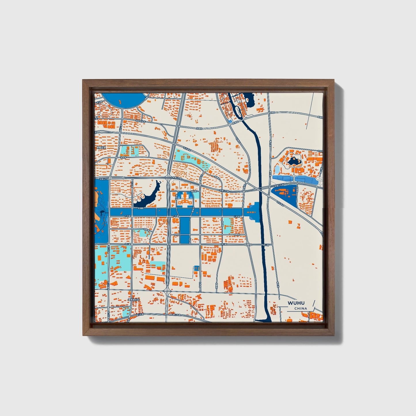 Wuhu China Colorful City Map Canvas Print • Dark Wooden Framed