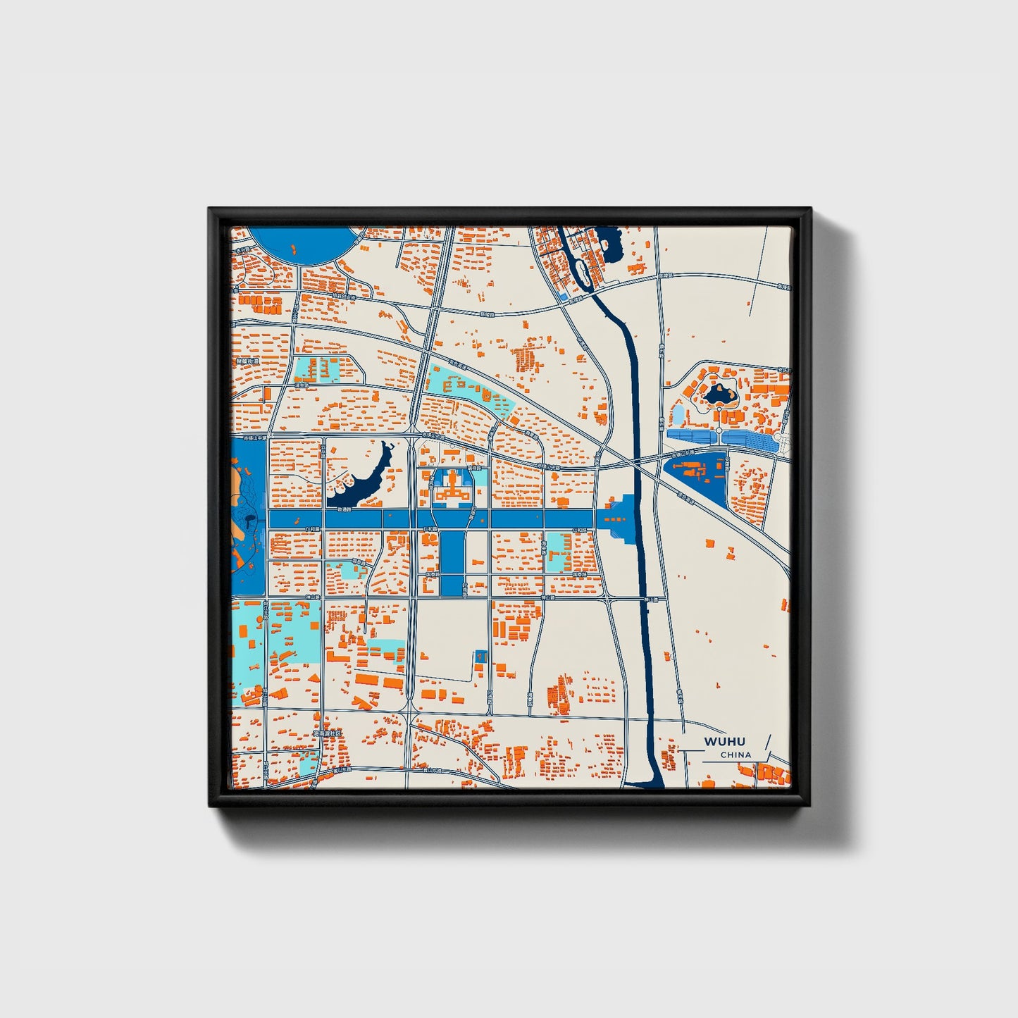 Wuhu China Colorful City Map Canvas Print • Black Framed