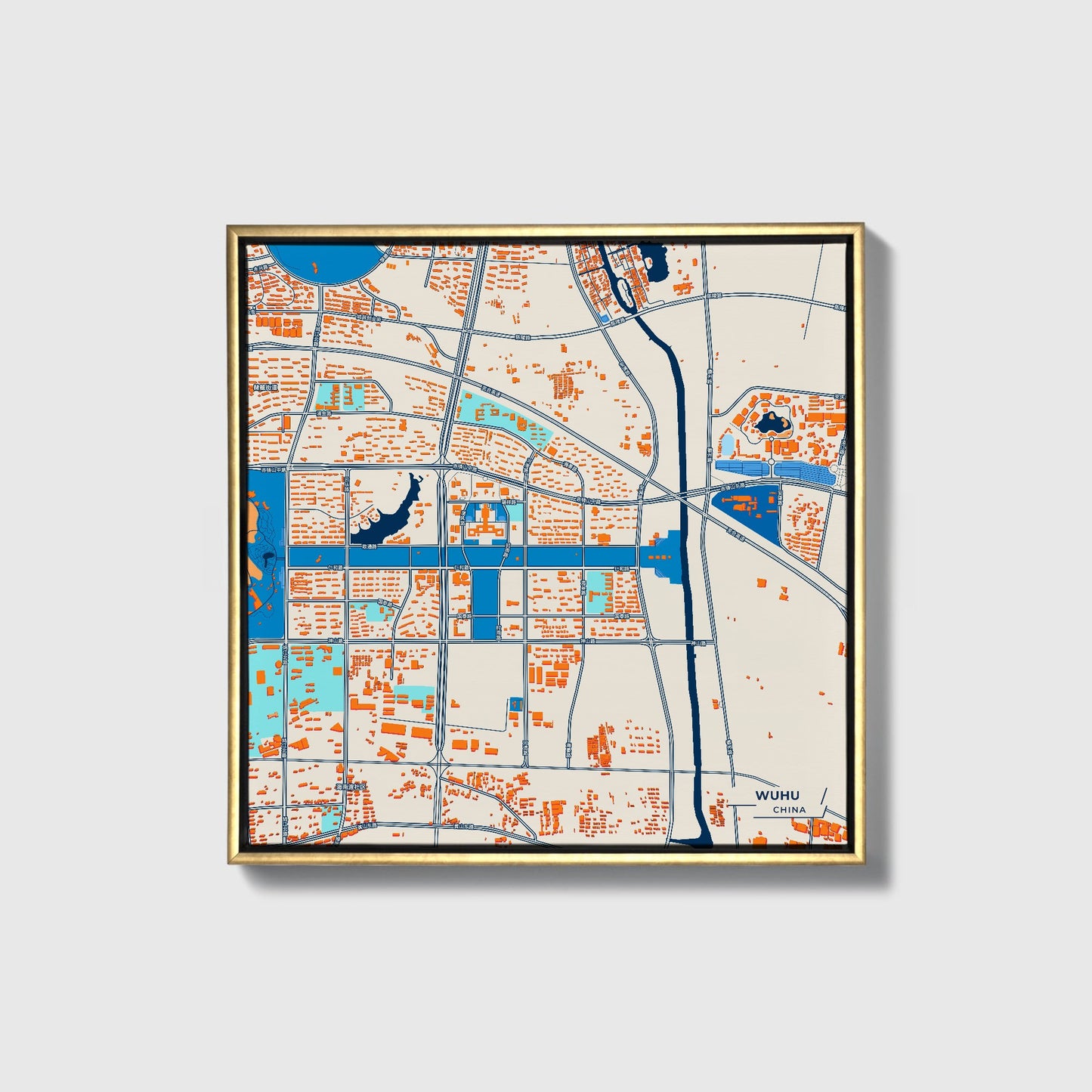 Wuhu China Colorful City Map Canvas Print • Gold Framed