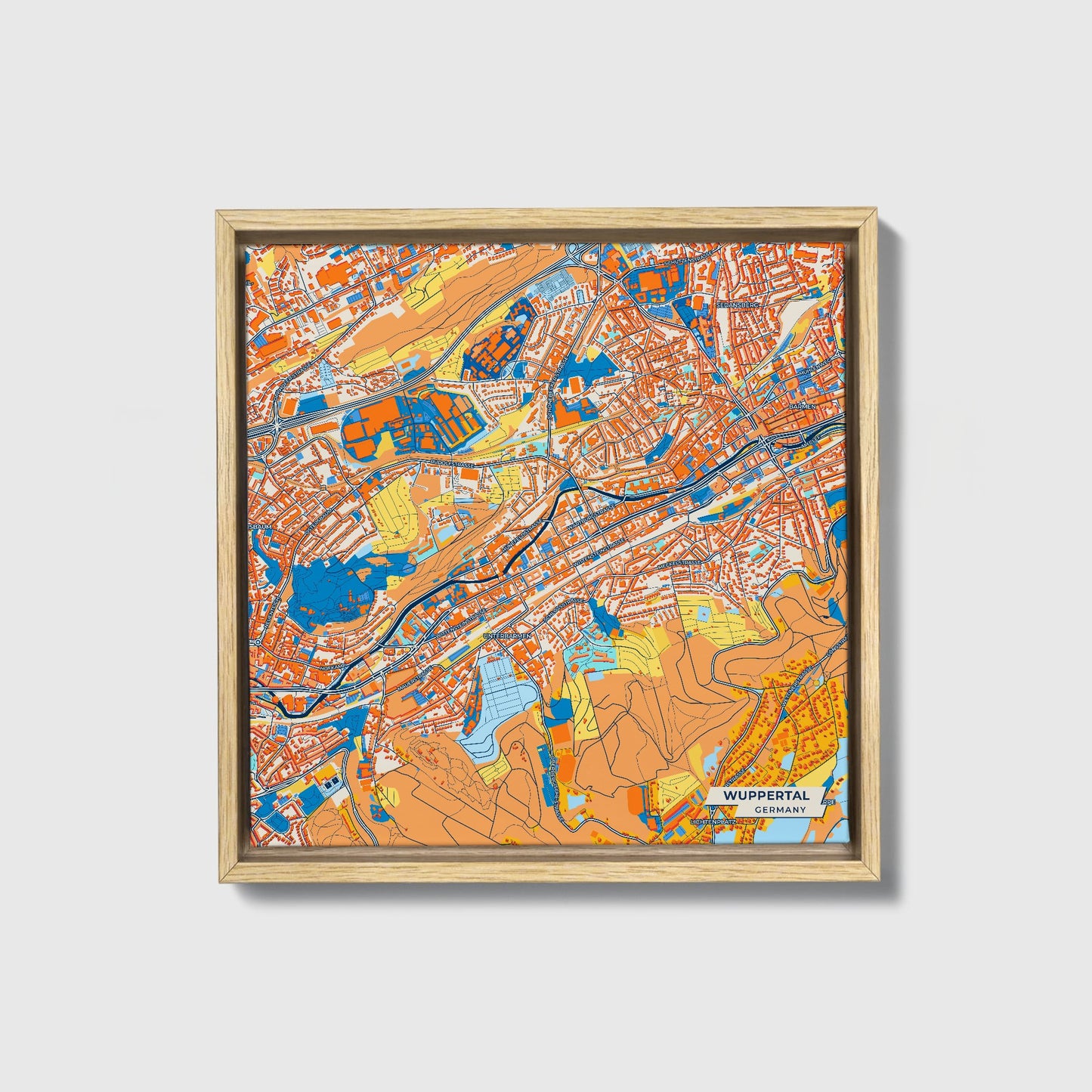 Wuppertal Germany Colorful City Map Canvas Print • Natural Wooden Framed