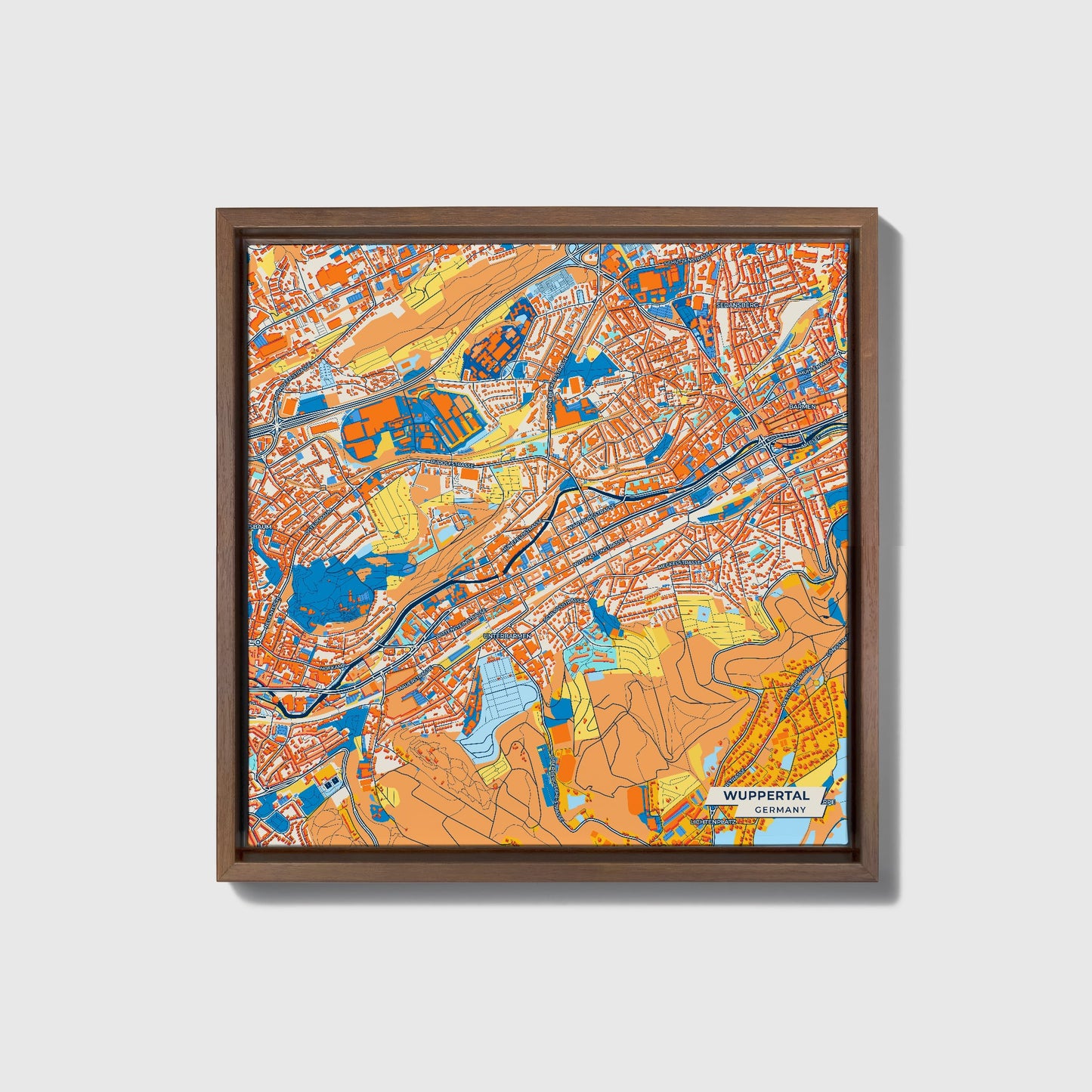 Wuppertal Germany Colorful City Map Canvas Print • Dark Wooden Framed