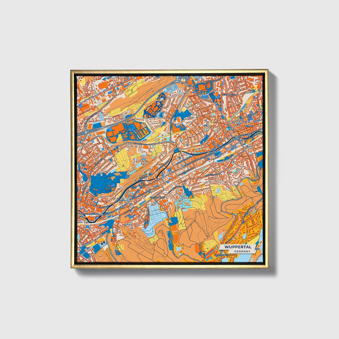 Wuppertal Germany Colorful City Map Canvas Print • Gold Framed