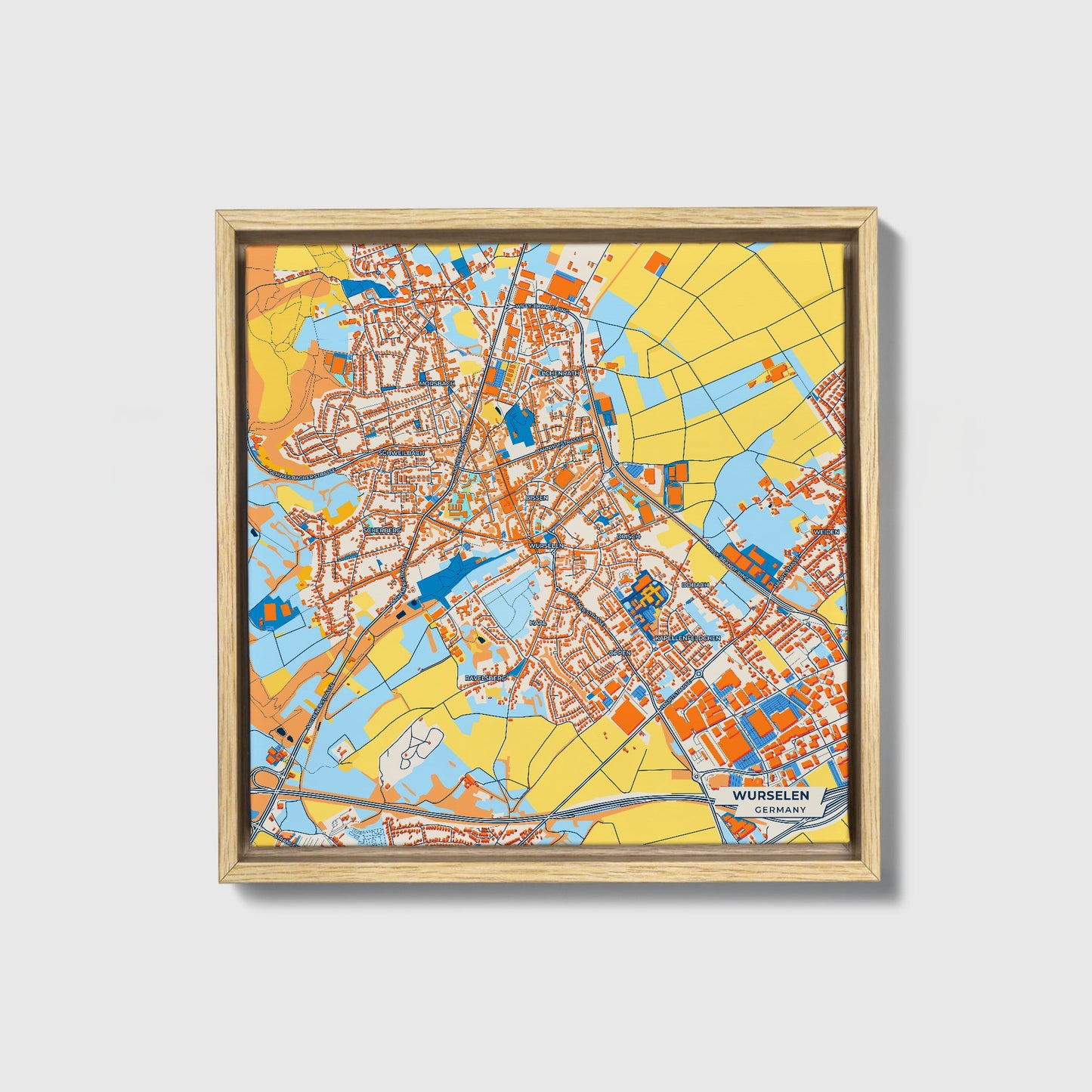 Würselen Germany Colorful City Map Canvas Print • Natural Wooden Framed