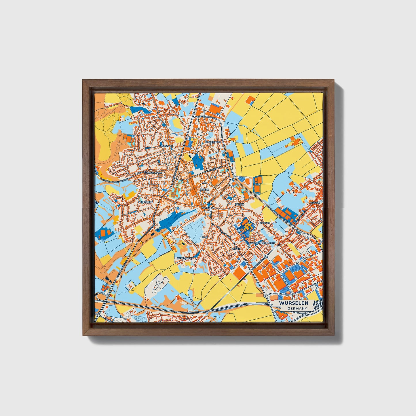 Würselen Germany Colorful City Map Canvas Print • Dark Wooden Framed