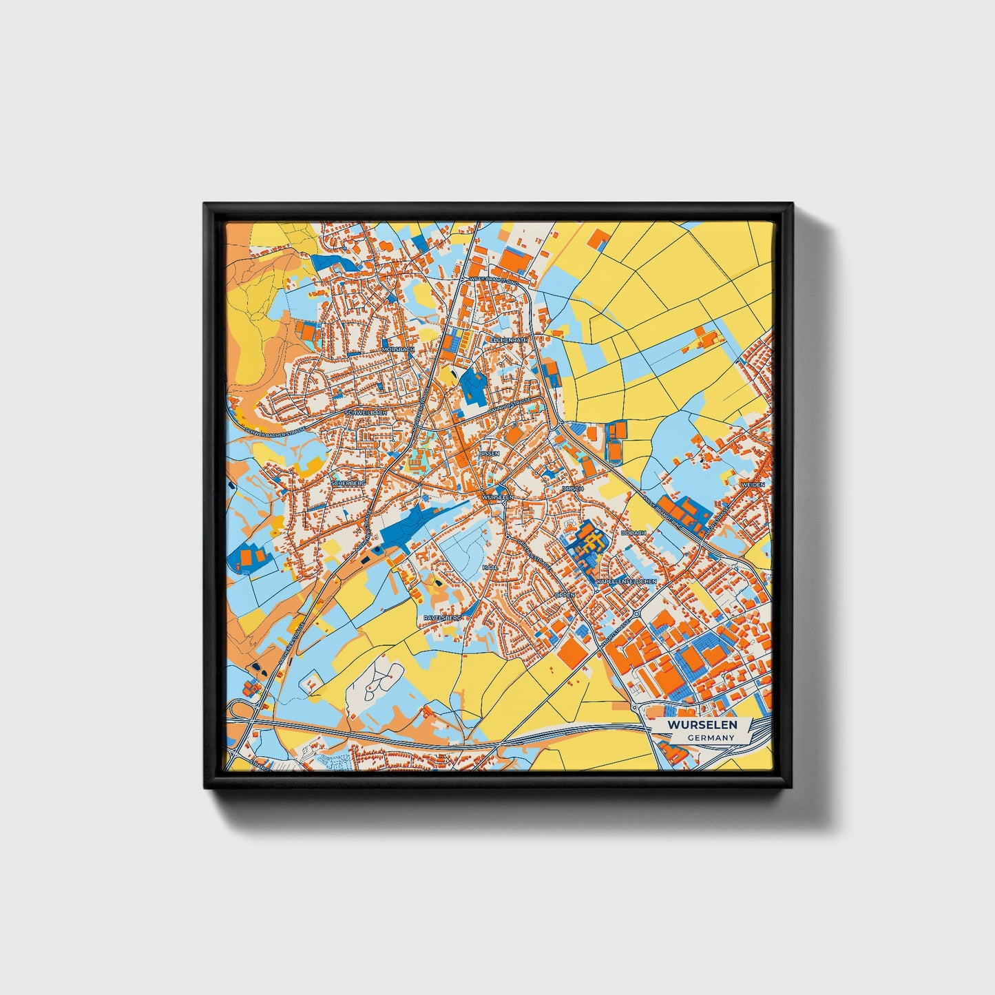 Würselen Germany Colorful City Map Canvas Print • Black Framed