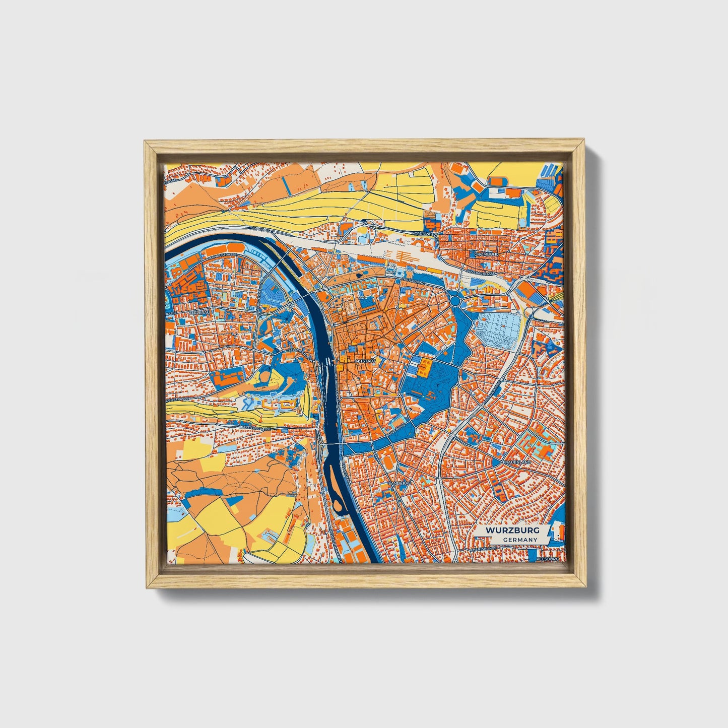Würzburg Germany Colorful City Map Canvas Print • Natural Wooden Framed