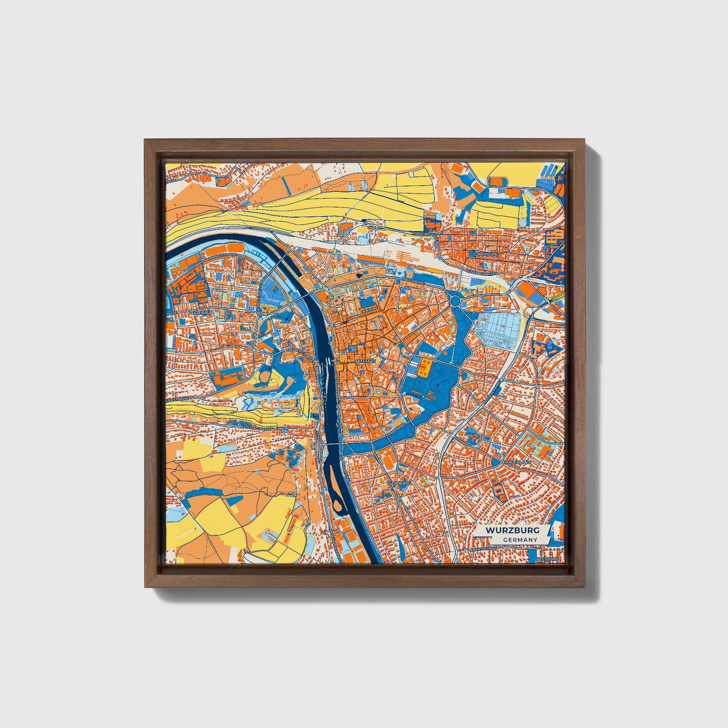 Würzburg Germany Colorful City Map Canvas Print • Dark Wooden Framed