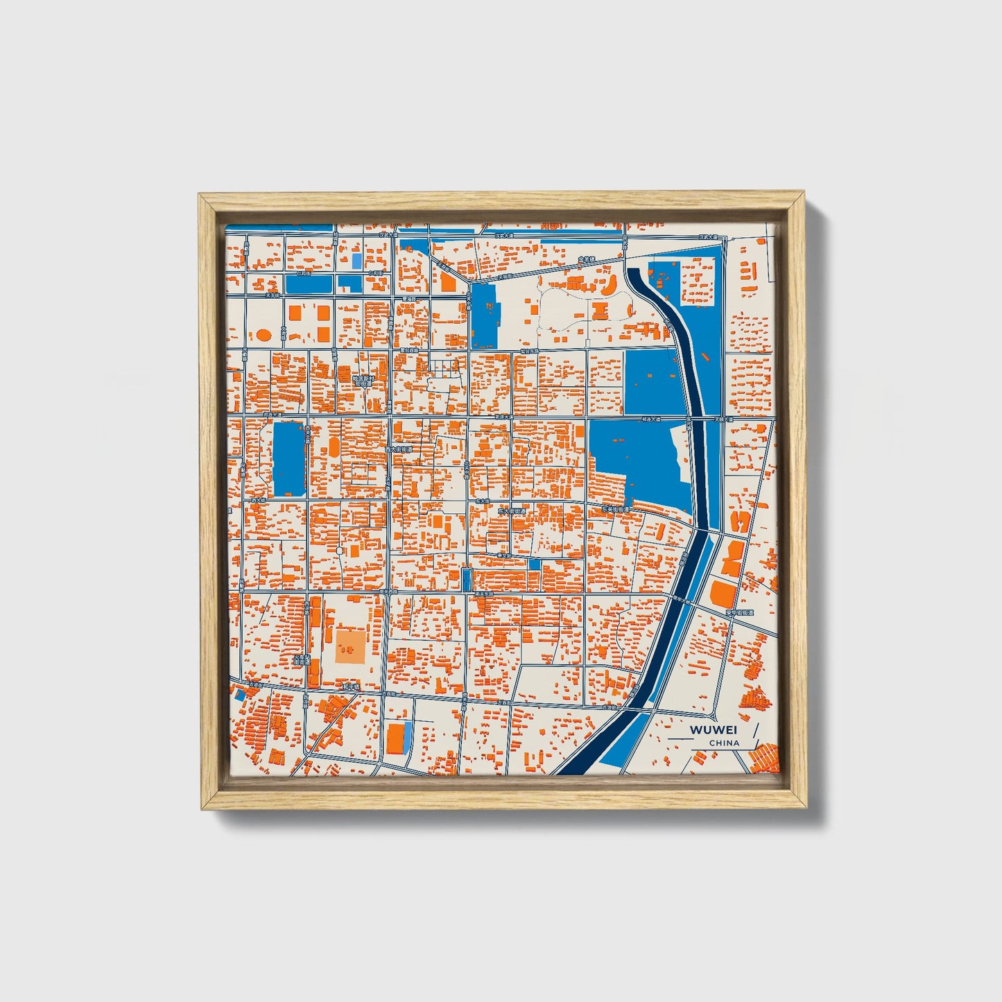 Wuwei China Colorful City Map Canvas Print • Natural Wooden Framed
