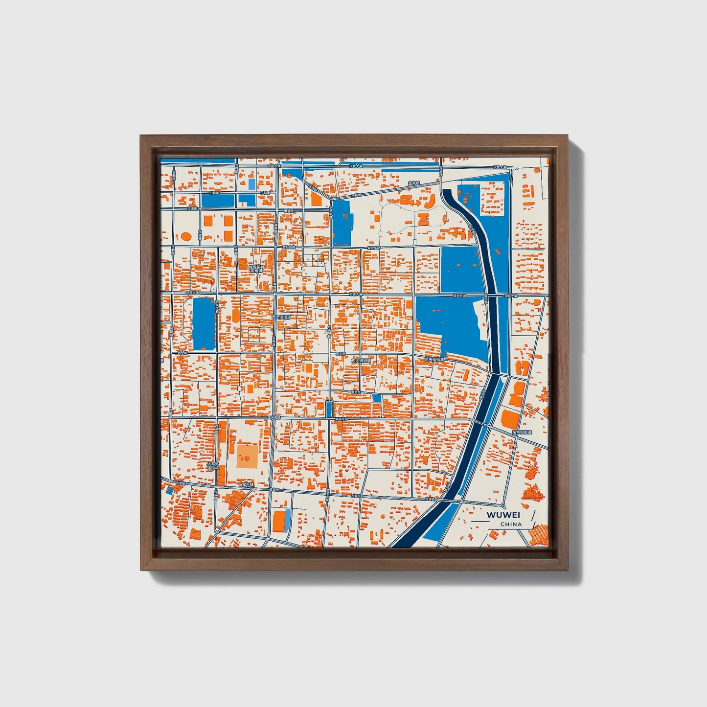 Wuwei China Colorful City Map Canvas Print • Dark Wooden Framed