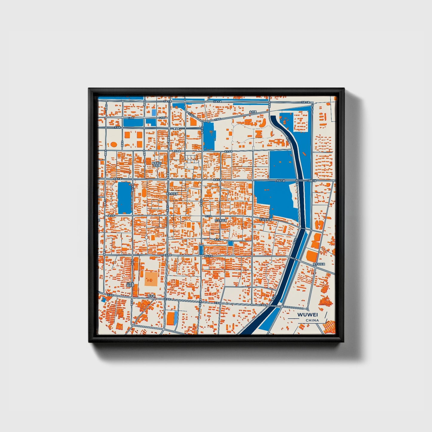 Wuwei China Colorful City Map Canvas Print • Black Framed