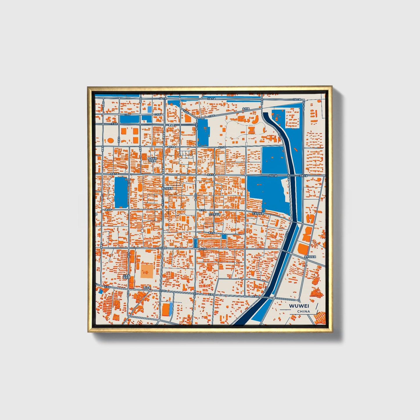 Wuwei China Colorful City Map Canvas Print • Gold Framed