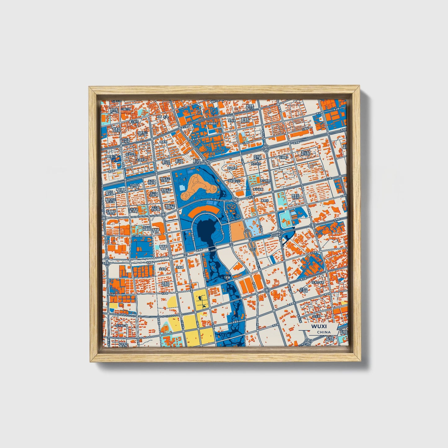 Wuxi China Colorful City Map Canvas Print • Natural Wooden Framed