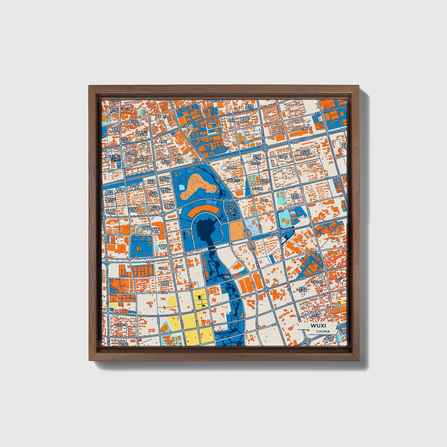 Wuxi China Colorful City Map Canvas Print • Dark Wooden Framed