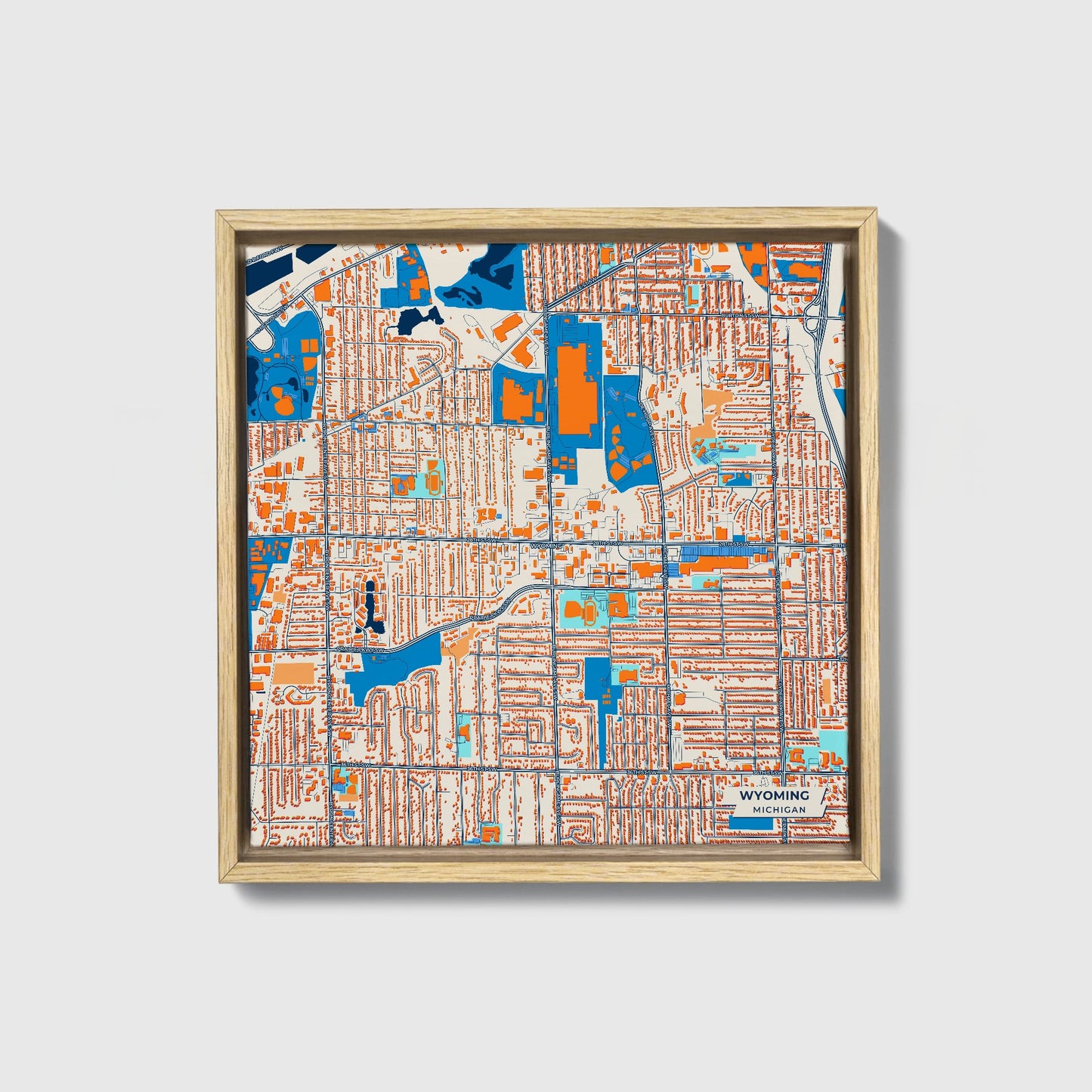 Wyoming Michigan Colorful City Map Canvas Print • Natural Wooden Framed