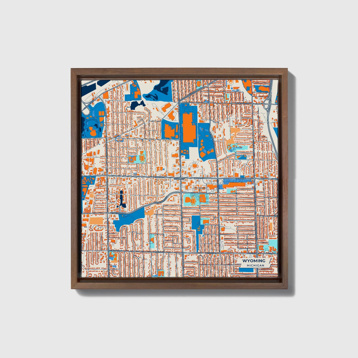 Wyoming Michigan Colorful City Map Canvas Print • Dark Wooden Framed