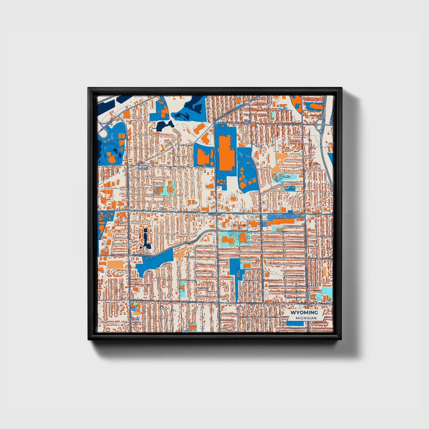 Wyoming Michigan Colorful City Map Canvas Print • Black Framed