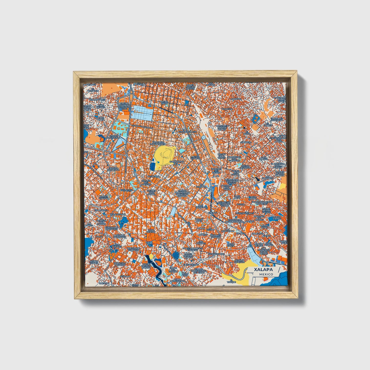 Xalapa Mexico Colorful City Map Canvas Print • Natural Wooden Framed