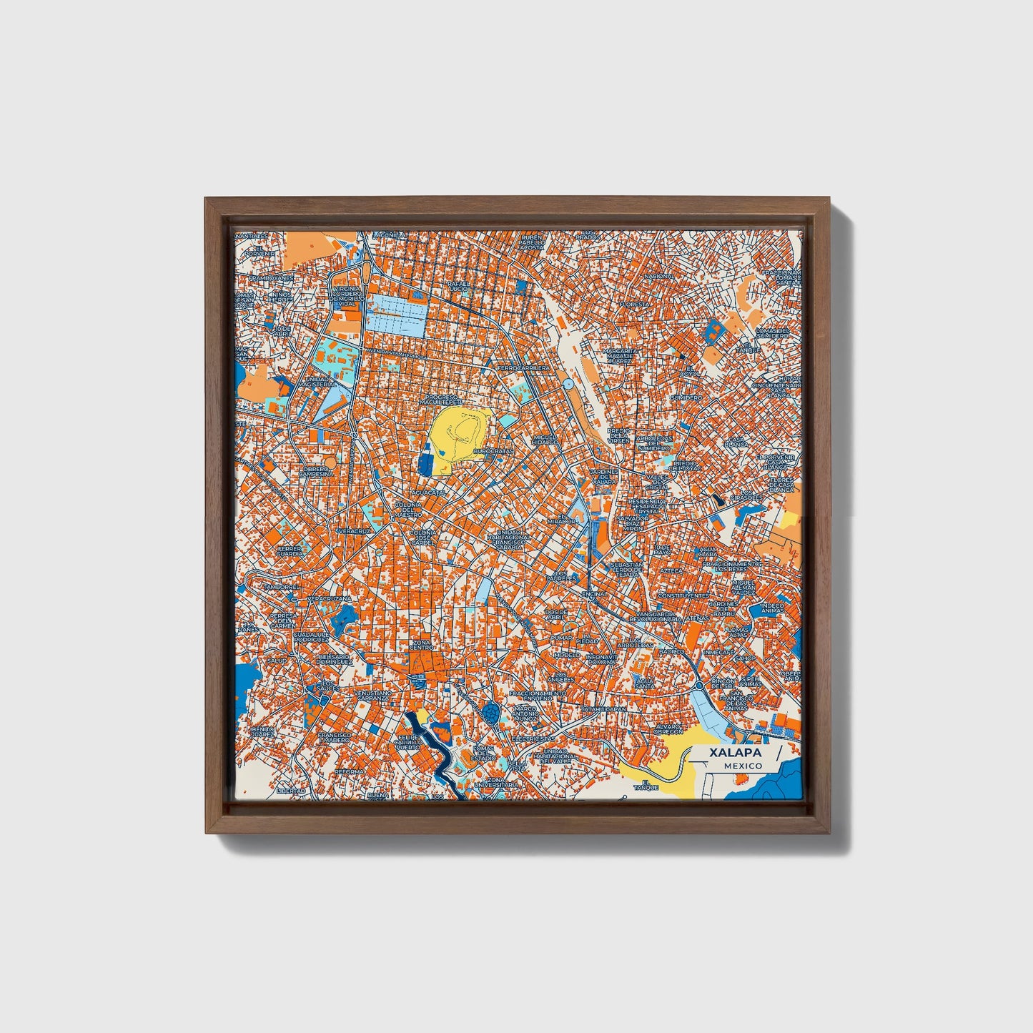 Xalapa Mexico Colorful City Map Canvas Print • Dark Wooden Framed