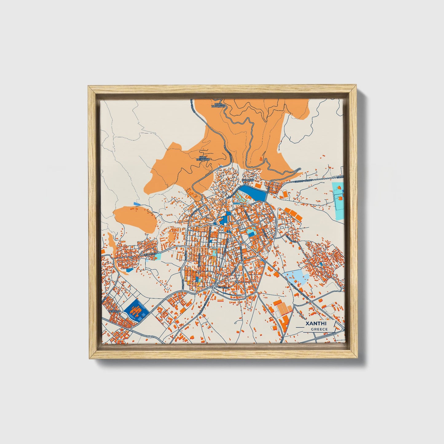 Ξανθι Greece Colorful City Map Canvas Print • Natural Wooden Framed