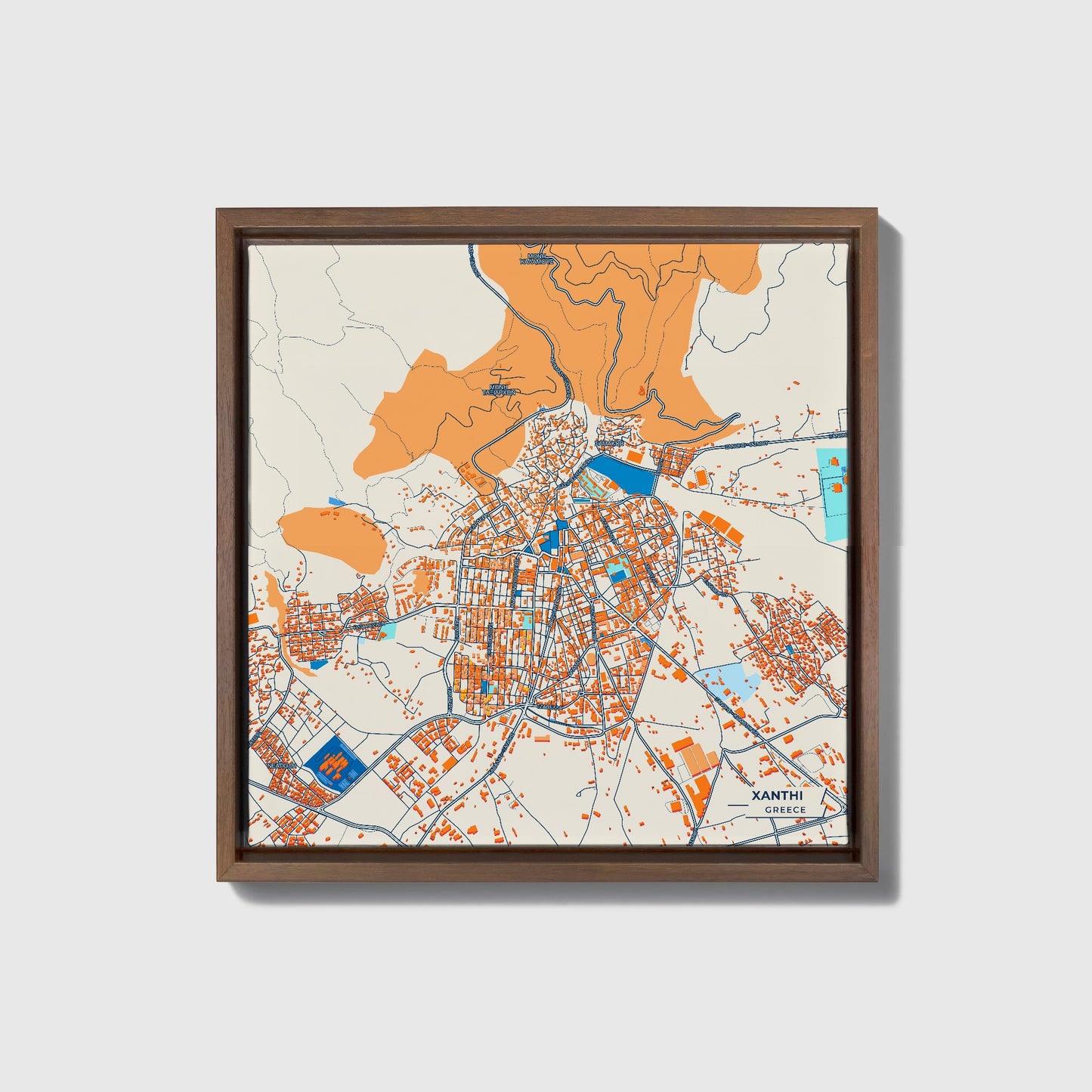 Ξανθι Greece Colorful City Map Canvas Print • Dark Wooden Framed