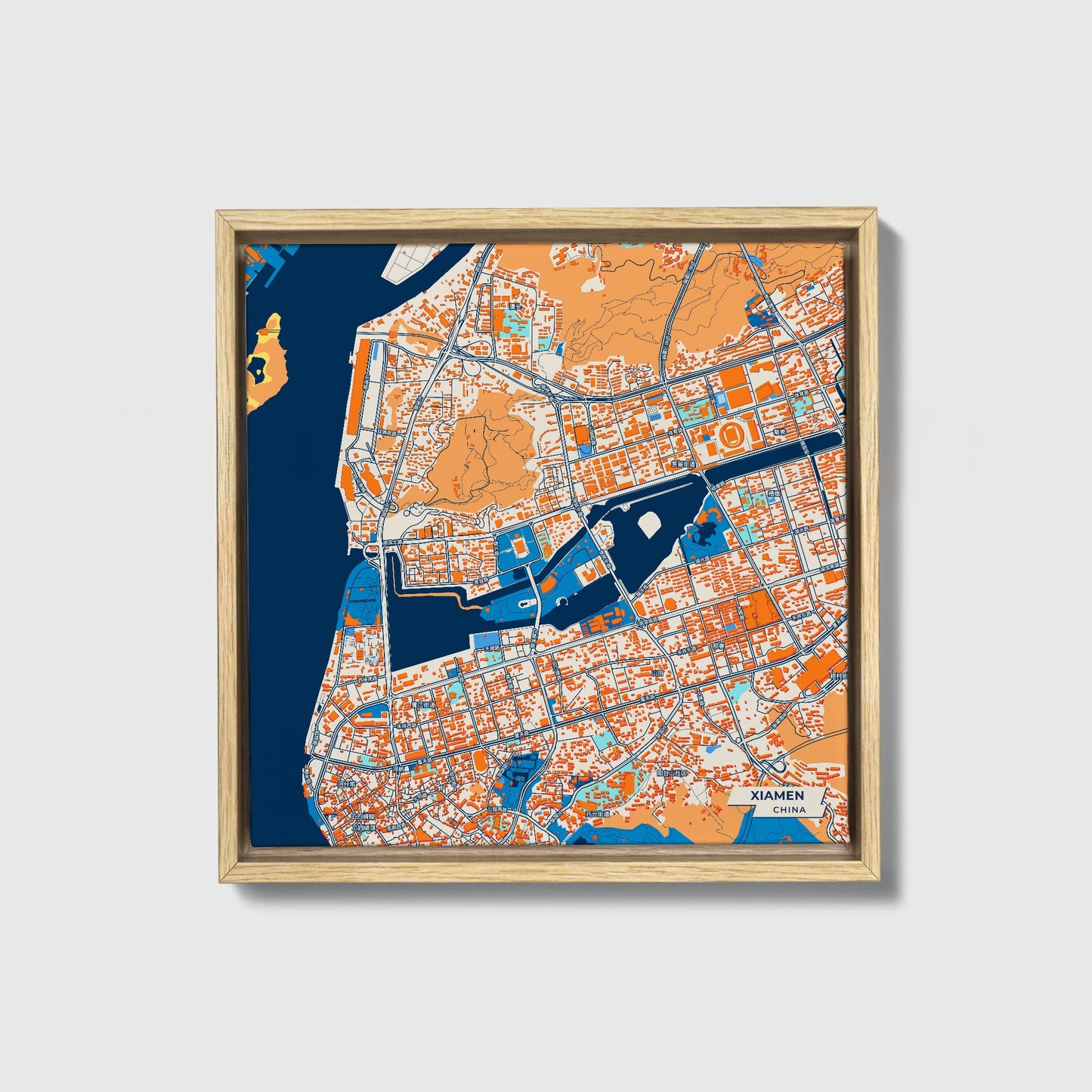 Xiamen China Colorful City Map Canvas Print • Natural Wooden Framed