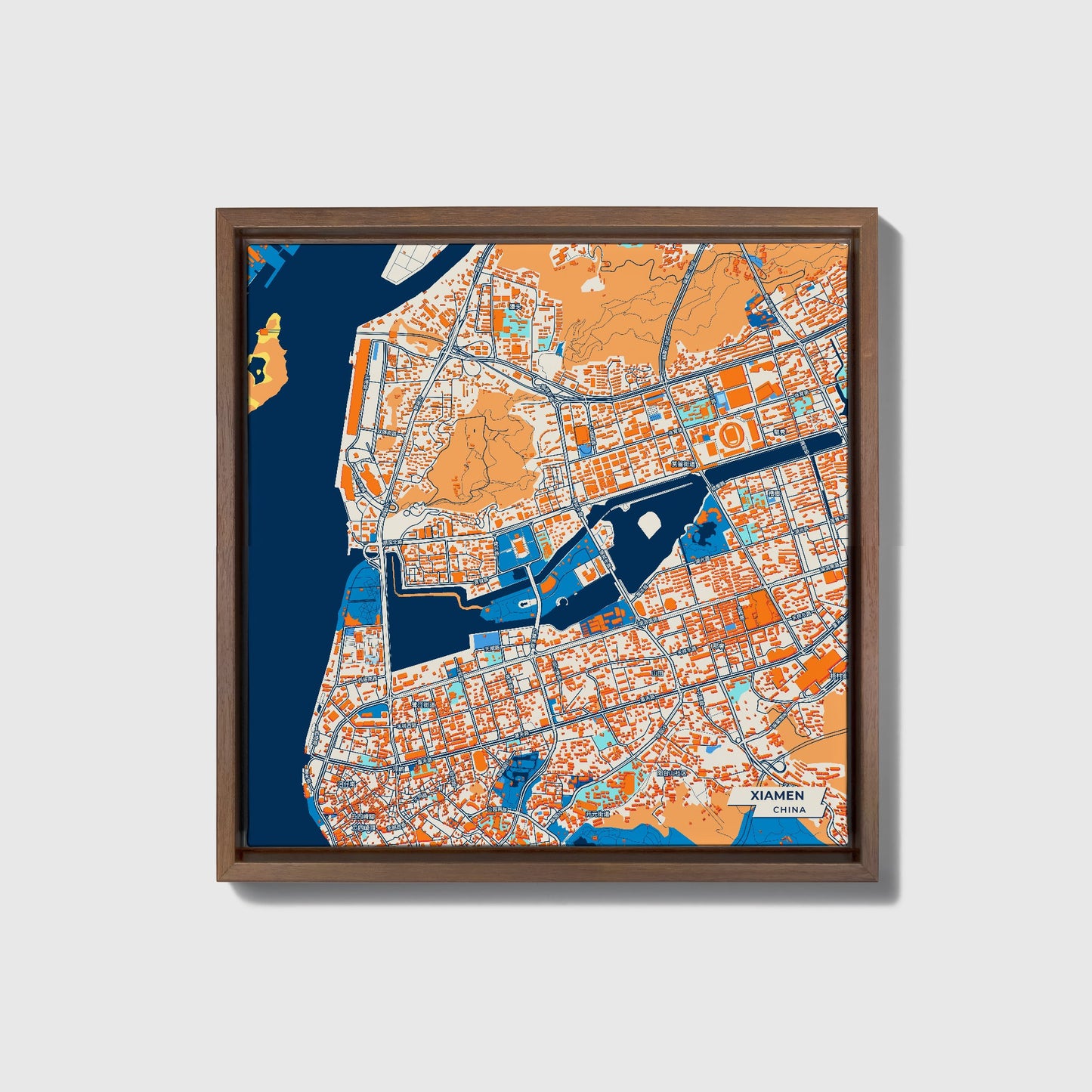 Xiamen China Colorful City Map Canvas Print • Dark Wooden Framed