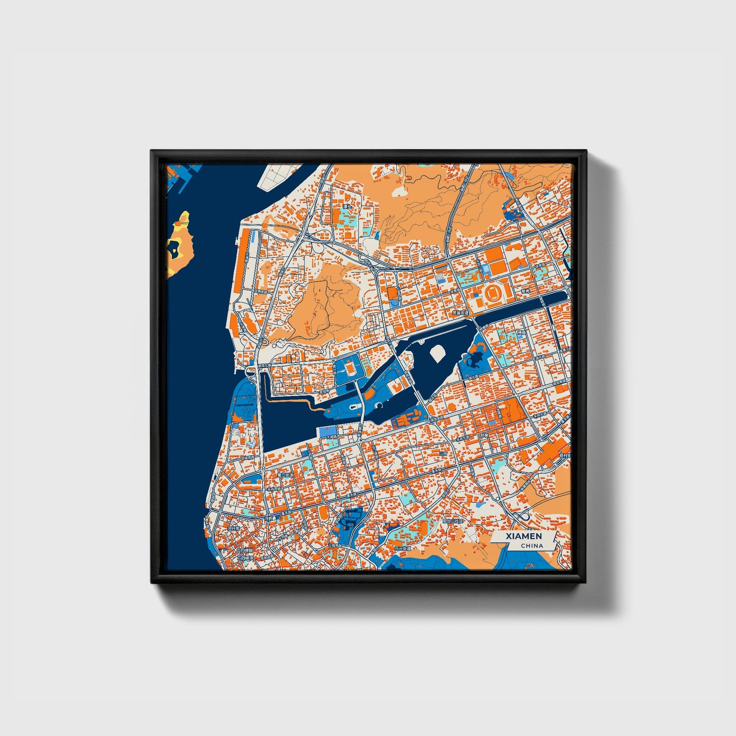 Xiamen China Colorful City Map Canvas Print • Black Framed