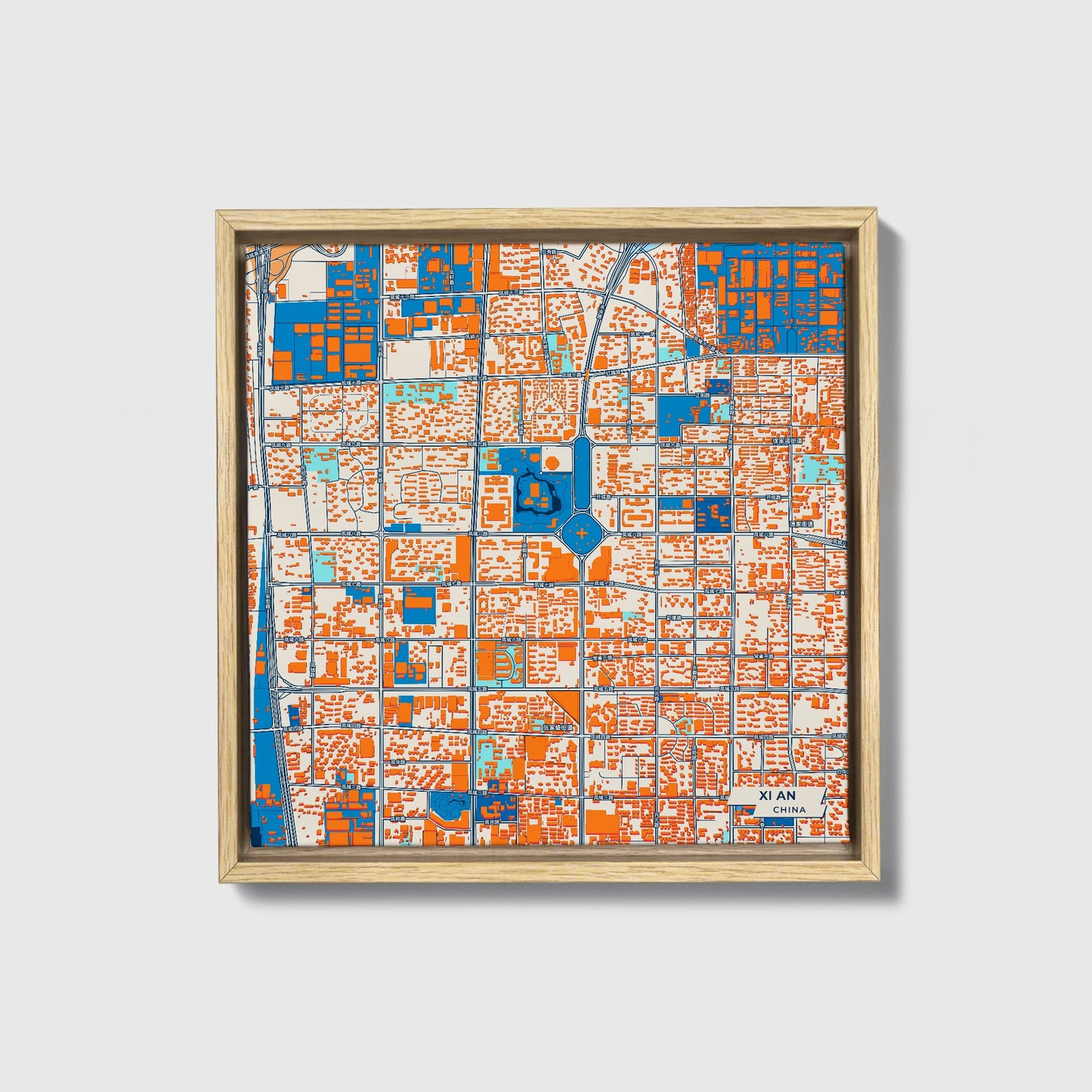 Xi An China Colorful City Map Canvas Print • Natural Wooden Framed