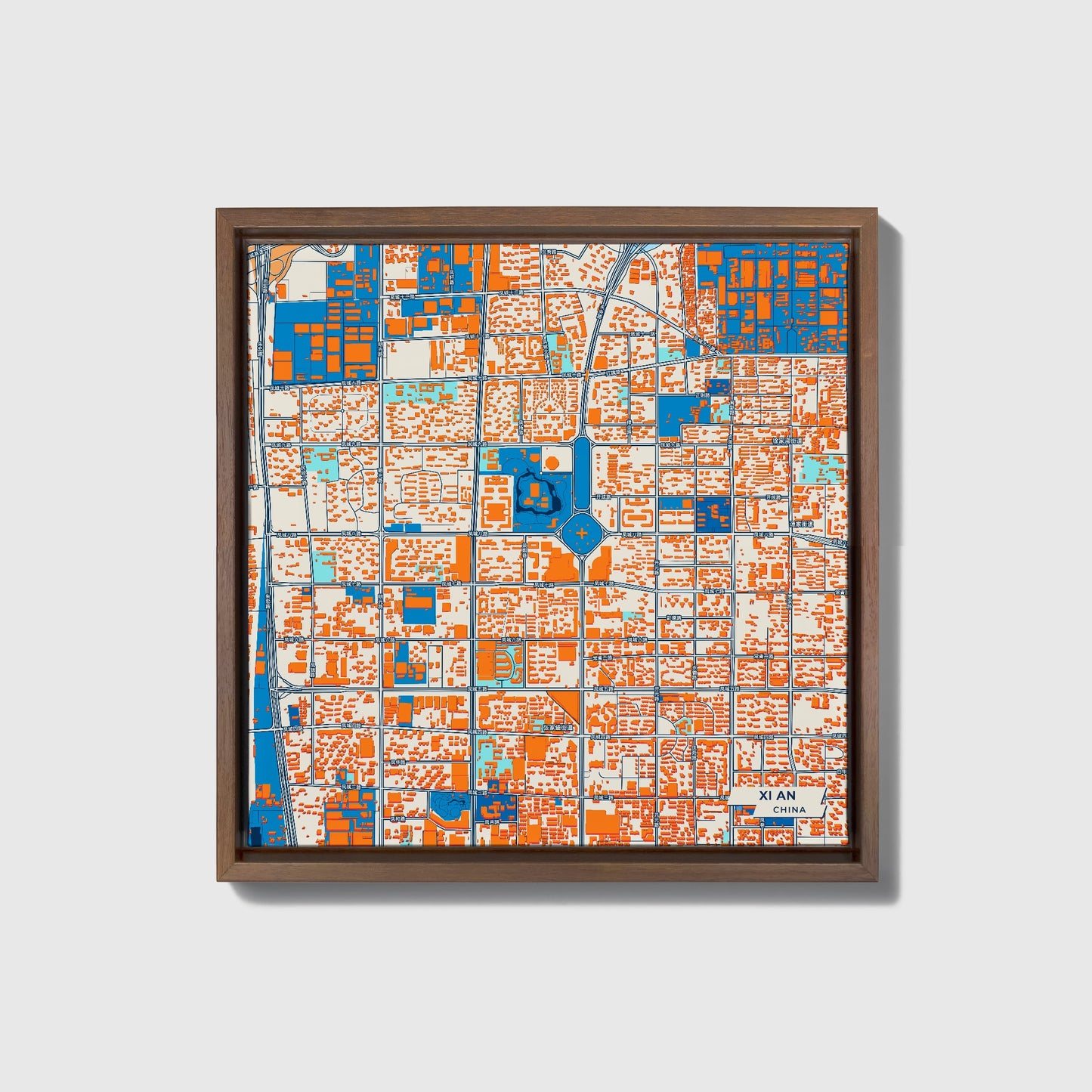 Xi An China Colorful City Map Canvas Print • Dark Wooden Framed