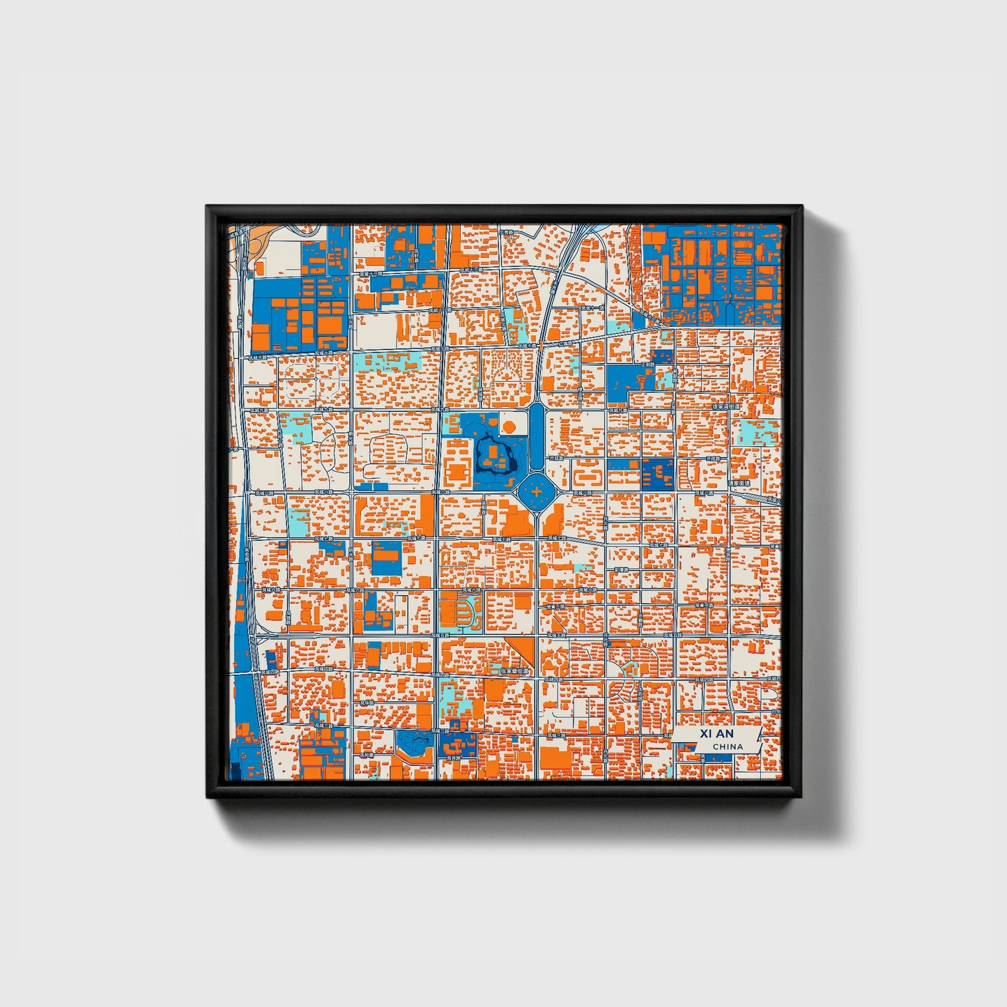 Xi An China Colorful City Map Canvas Print • Black Framed