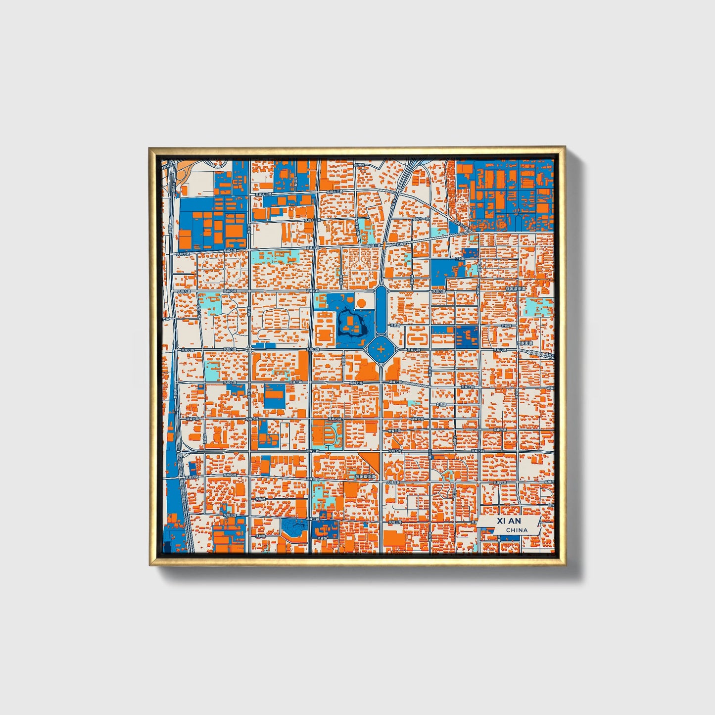 Xi An China Colorful City Map Canvas Print • Gold Framed