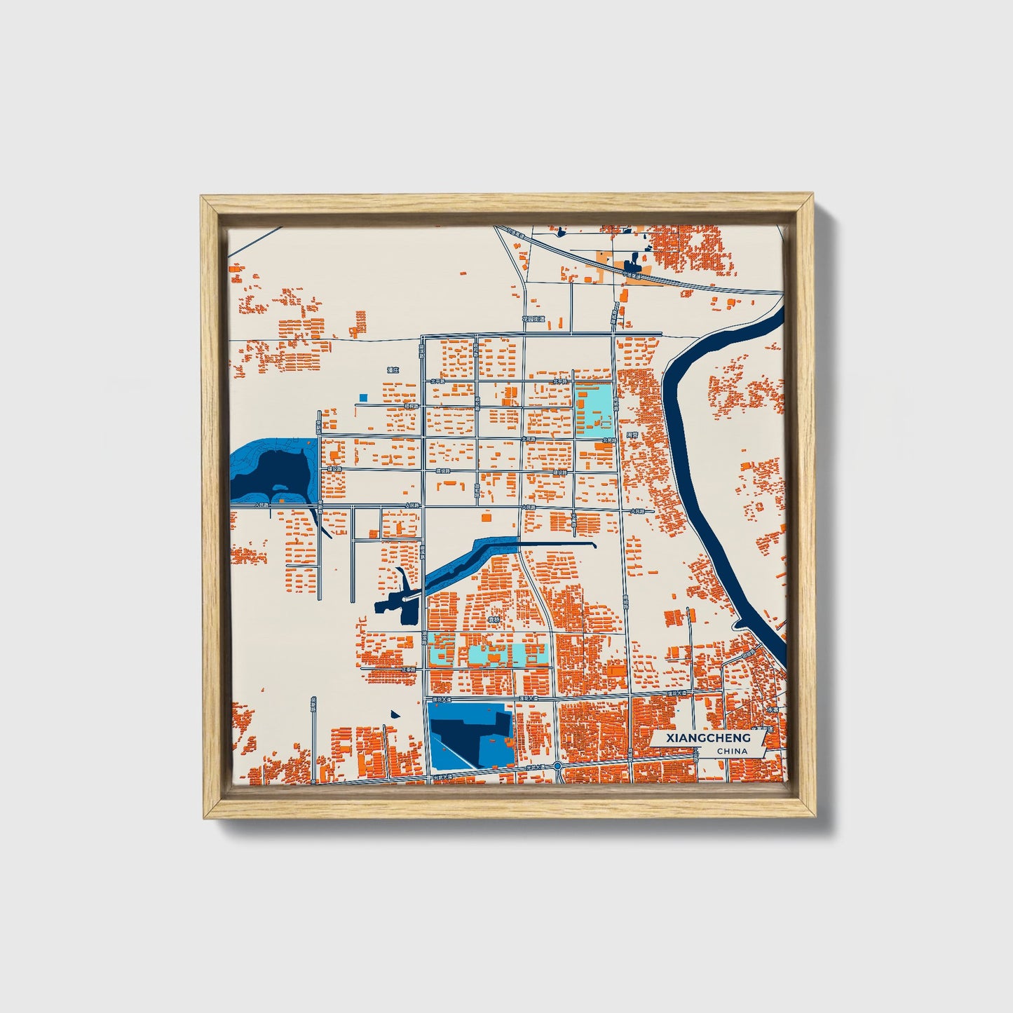 Xiangcheng China Colorful City Map Canvas Print • Natural Wooden Framed