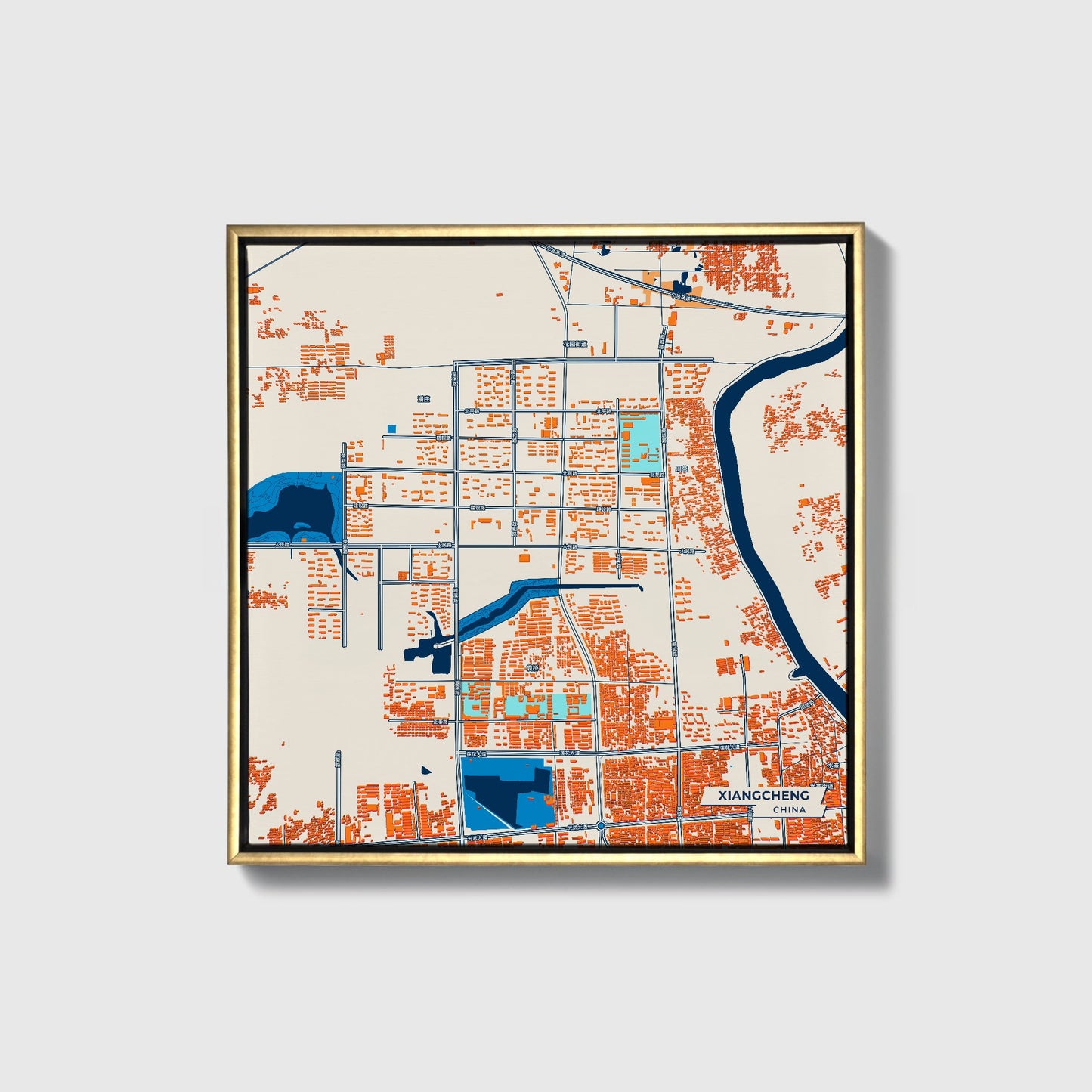 Xiangcheng China Colorful City Map Canvas Print • Gold Framed